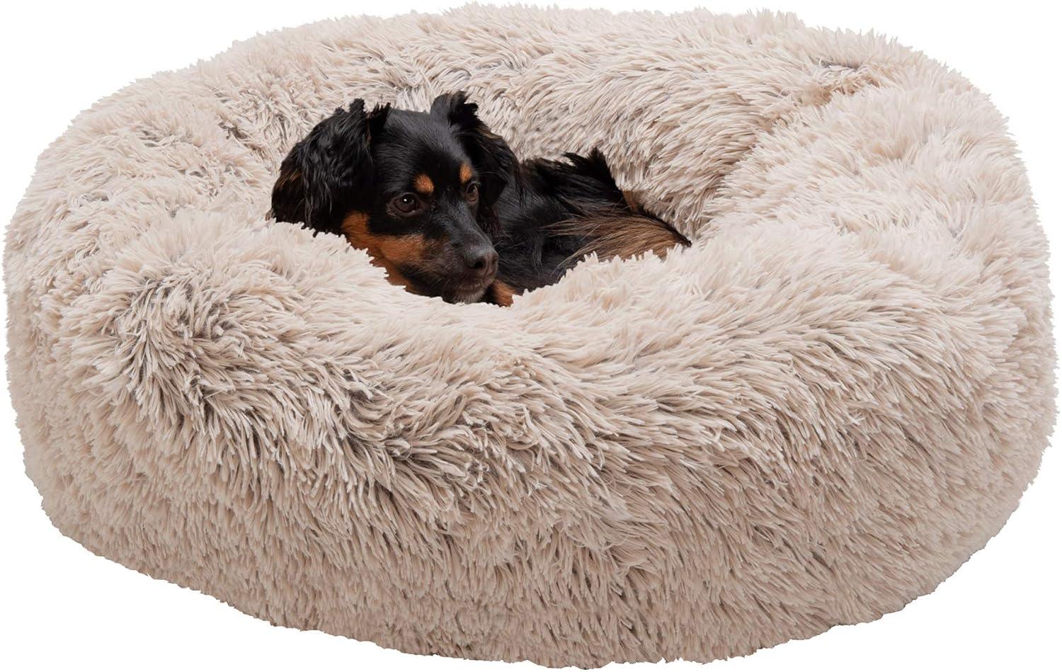 imageFurHaven 45quot Calming Donut Dog Bed for Large Dogs Round Plush Donut Design with Soft Filling for Snuggling Comfort Removable Washable Cover Jumbo XL Shaggy Faux Fur GrayTaupe