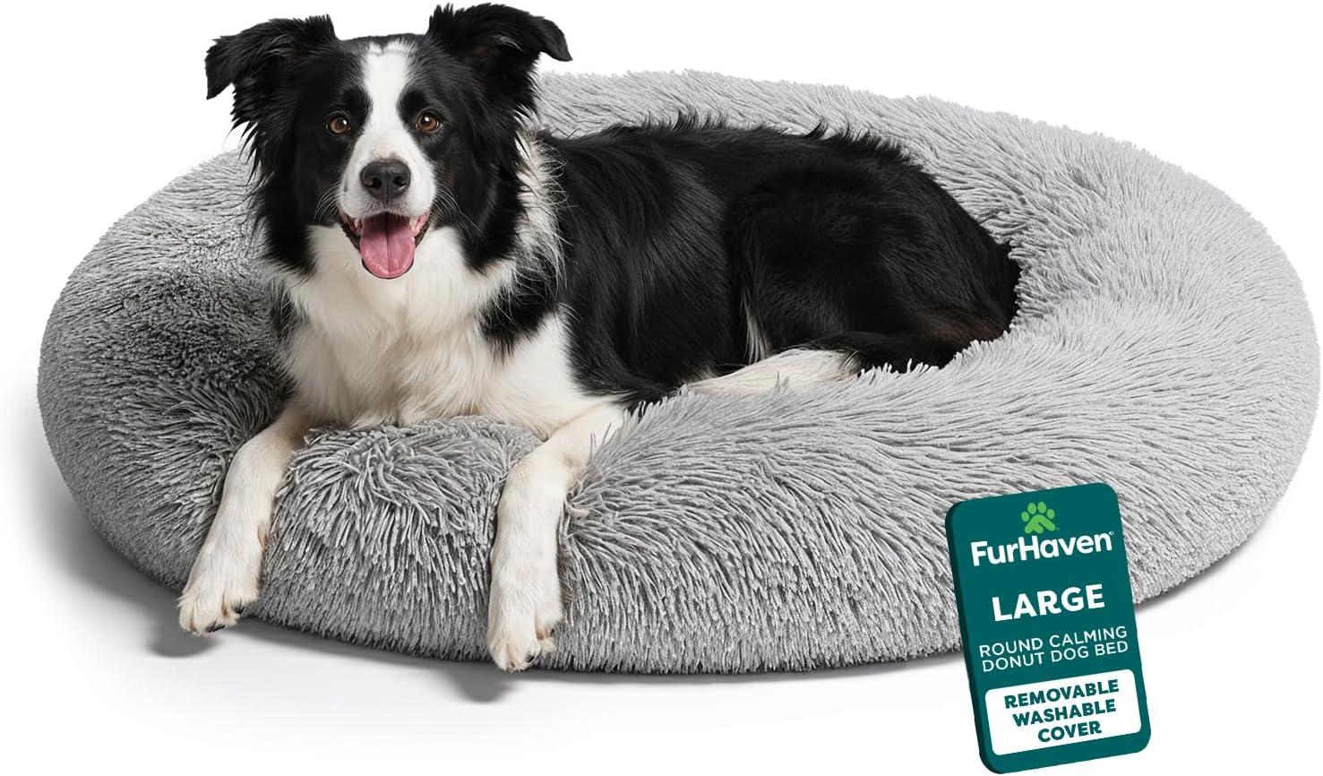 imageFurHaven 45quot Calming Donut Dog Bed for Large Dogs Round Plush Donut Design with Soft Filling for Snuggling Comfort Removable Washable Cover Jumbo XL Shaggy Faux Fur GrayMist Gray