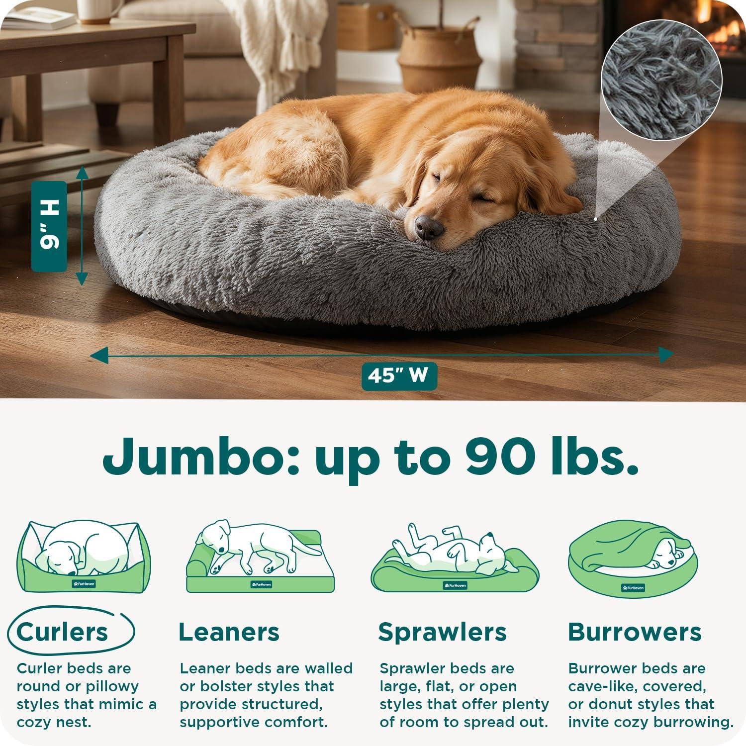 imageFurHaven 45quot Calming Donut Dog Bed for Large Dogs Round Plush Donut Design with Soft Filling for Snuggling Comfort Removable Washable Cover Jumbo XL Shaggy Faux Fur GrayGray