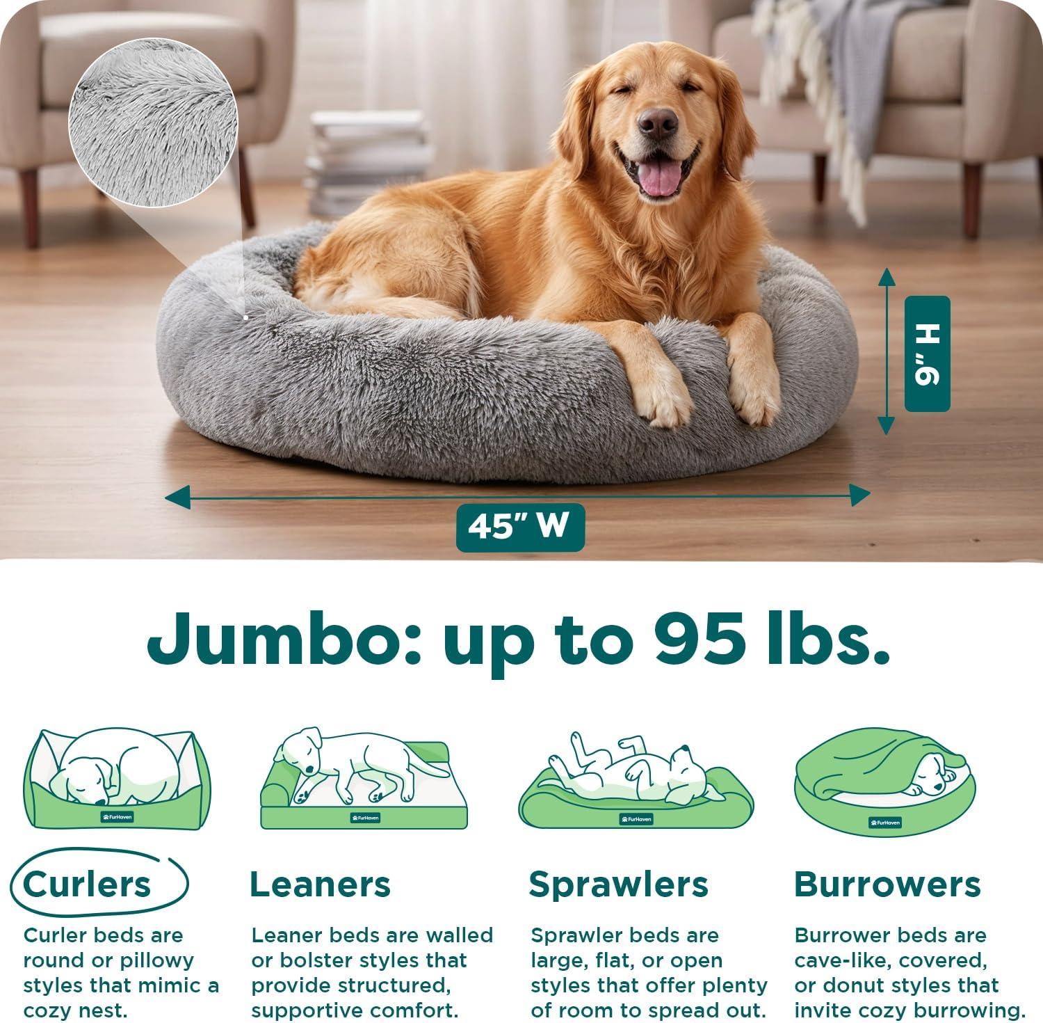 imageFurHaven 45quot Calming Donut Dog Bed for Large Dogs Round Plush Donut Design with Soft Filling for Snuggling Comfort Removable Washable Cover Jumbo XL Shaggy Faux Fur GrayMist Gray