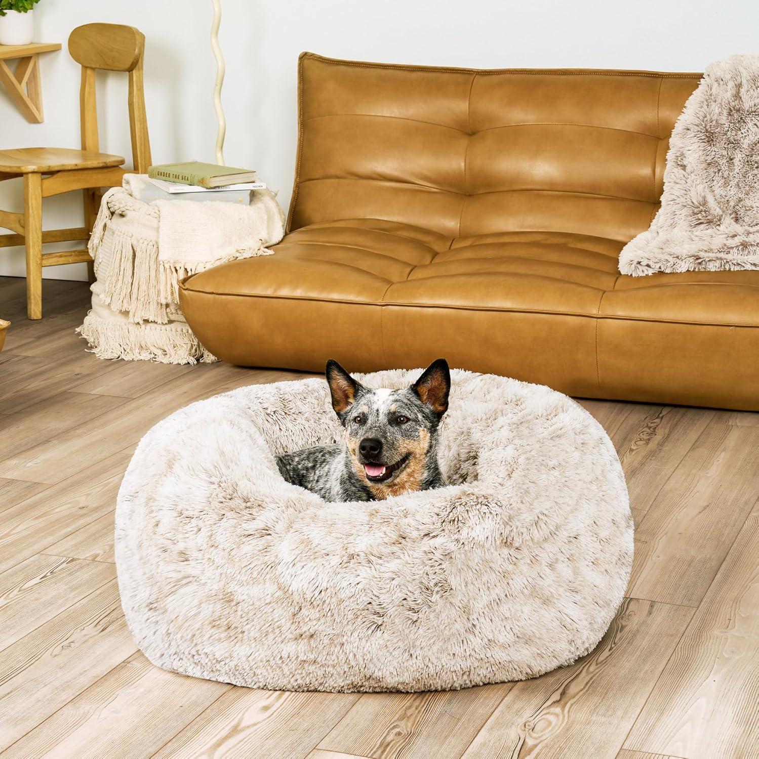imageFurHaven 45quot Calming Donut Dog Bed for Large Dogs Round Plush Donut Design with Soft Filling for Snuggling Comfort Removable Washable Cover Jumbo XL Shaggy Faux Fur GrayDriftwood