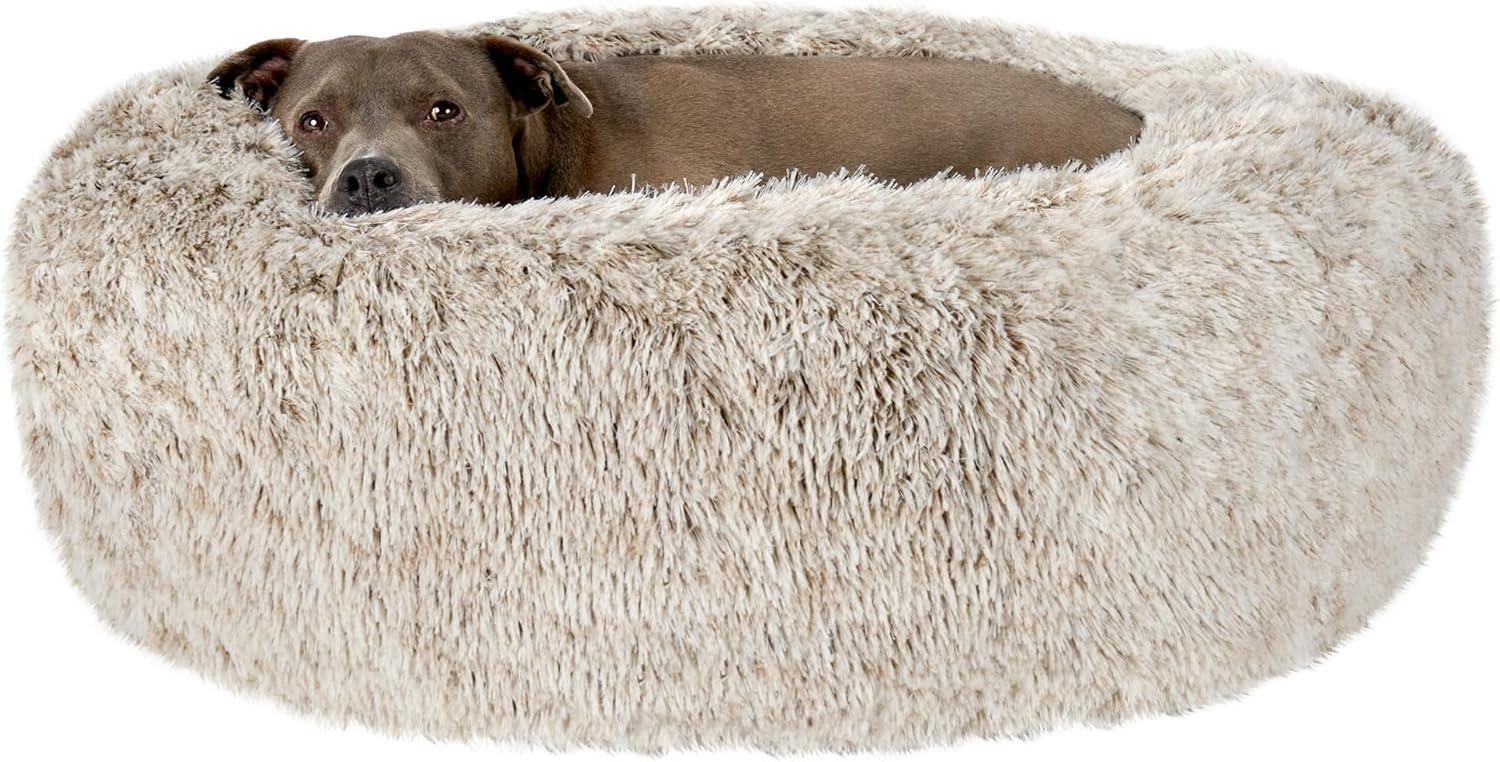 imageFurHaven 45quot Calming Donut Dog Bed for Large Dogs Round Plush Donut Design with Soft Filling for Snuggling Comfort Removable Washable Cover Jumbo XL Shaggy Faux Fur GrayDriftwood