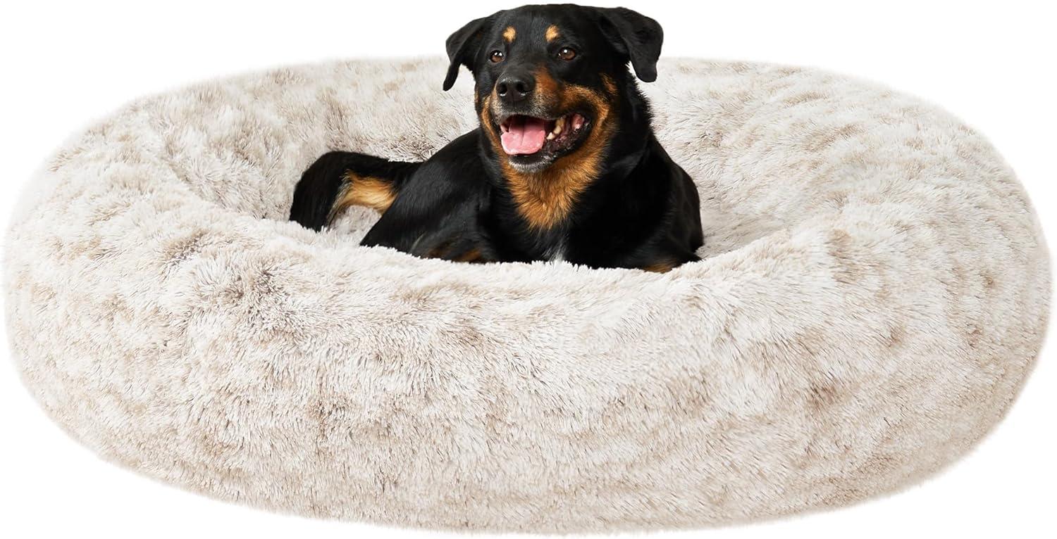 imageFurHaven 45quot Calming Donut Dog Bed for Large Dogs Round Plush Donut Design with Soft Filling for Snuggling Comfort Removable Washable Cover Jumbo XL Shaggy Faux Fur GrayDriftwood