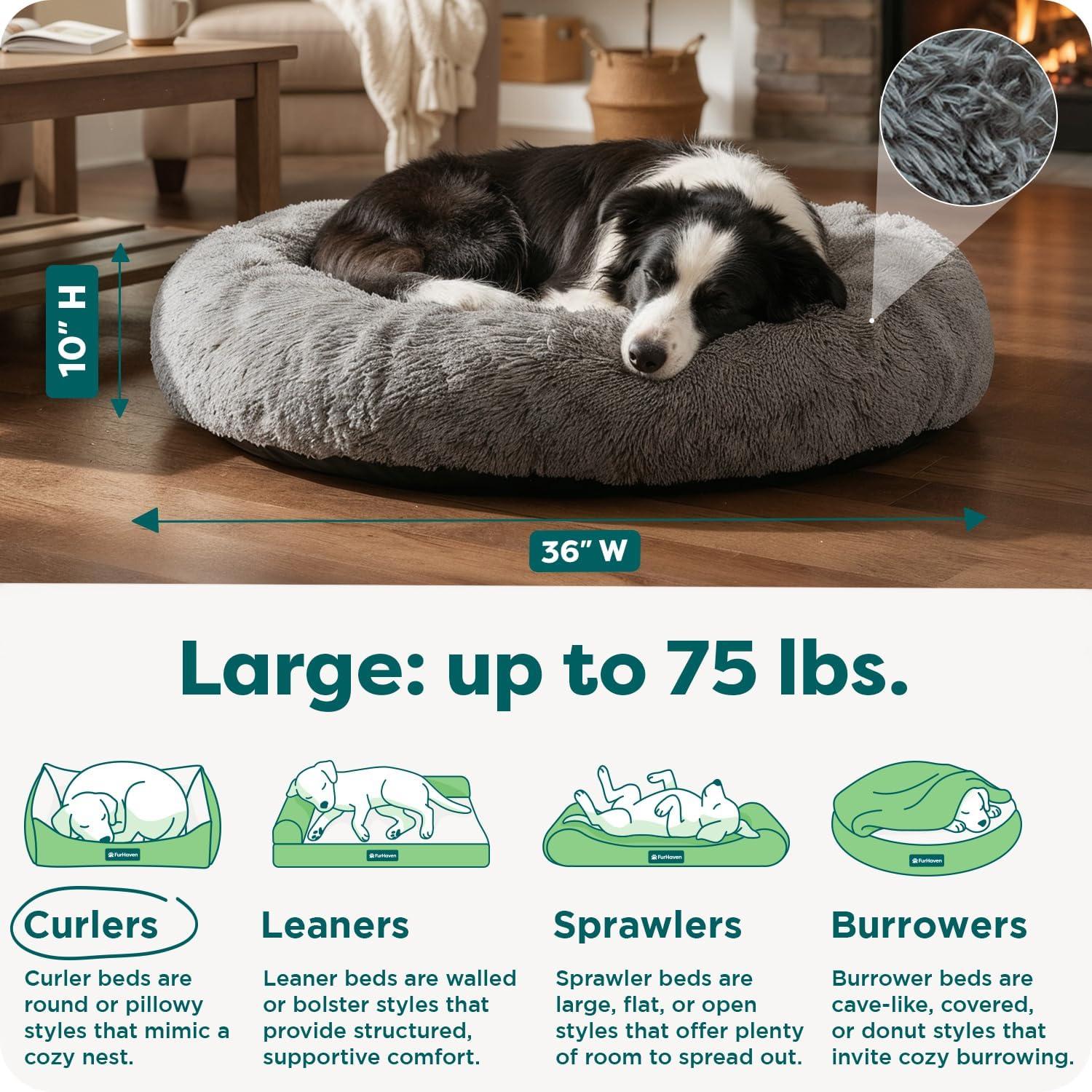 imageFurHaven 45quot Calming Donut Dog Bed for Large Dogs Round Plush Donut Design with Soft Filling for Snuggling Comfort Removable Washable Cover Jumbo XL Shaggy Faux Fur GrayGray