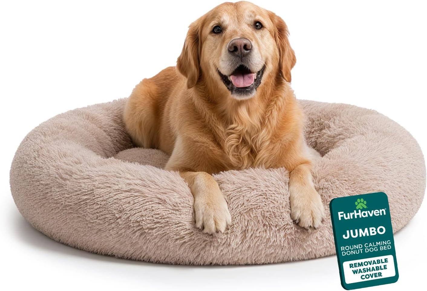 imageFurHaven 45quot Calming Donut Dog Bed for Large Dogs Round Plush Donut Design with Soft Filling for Snuggling Comfort Removable Washable Cover Jumbo XL Shaggy Faux Fur GrayTaupe