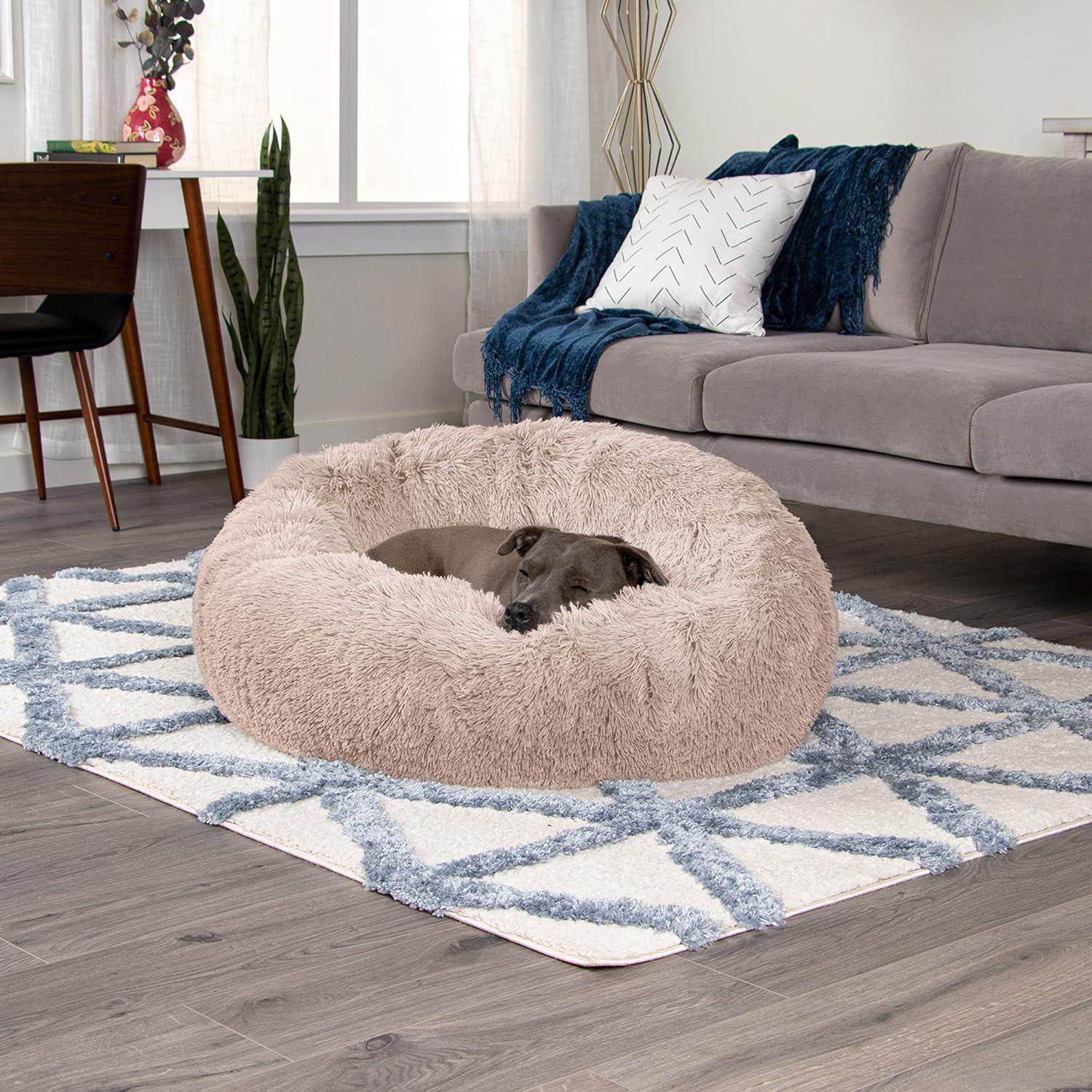 imageFurHaven 45quot Calming Donut Dog Bed for Large Dogs Round Plush Donut Design with Soft Filling for Snuggling Comfort Removable Washable Cover Jumbo XL Shaggy Faux Fur GrayTaupe