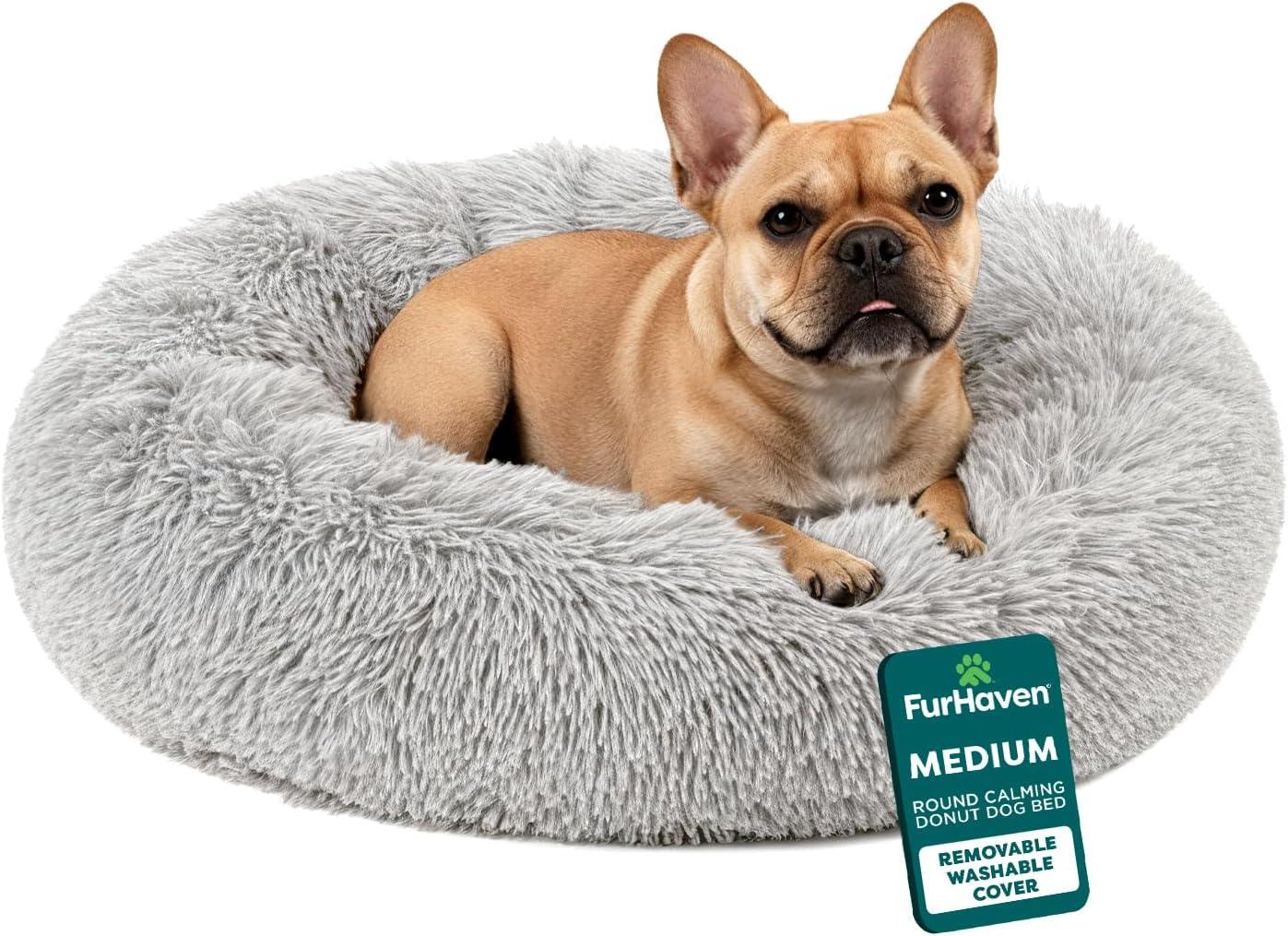 imageFurHaven 45quot Calming Donut Dog Bed for Large Dogs Round Plush Donut Design with Soft Filling for Snuggling Comfort Removable Washable Cover Jumbo XL Shaggy Faux Fur GrayMist Gray