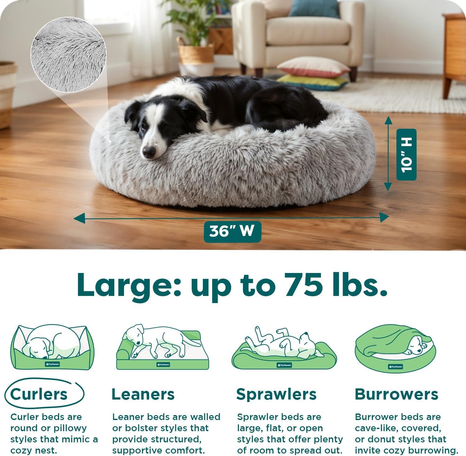imageFurHaven 45quot Calming Donut Dog Bed for Large Dogs Round Plush Donut Design with Soft Filling for Snuggling Comfort Removable Washable Cover Jumbo XL Shaggy Faux Fur GrayMist Gray