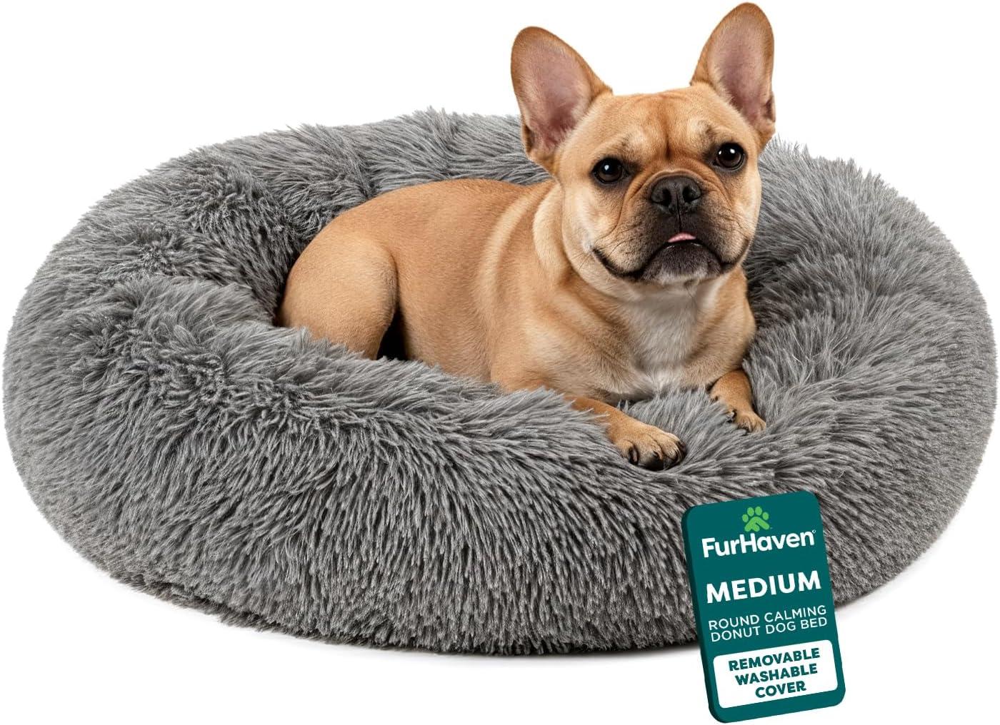 imageFurHaven 45quot Calming Donut Dog Bed for Large Dogs Round Plush Donut Design with Soft Filling for Snuggling Comfort Removable Washable Cover Jumbo XL Shaggy Faux Fur GrayGray