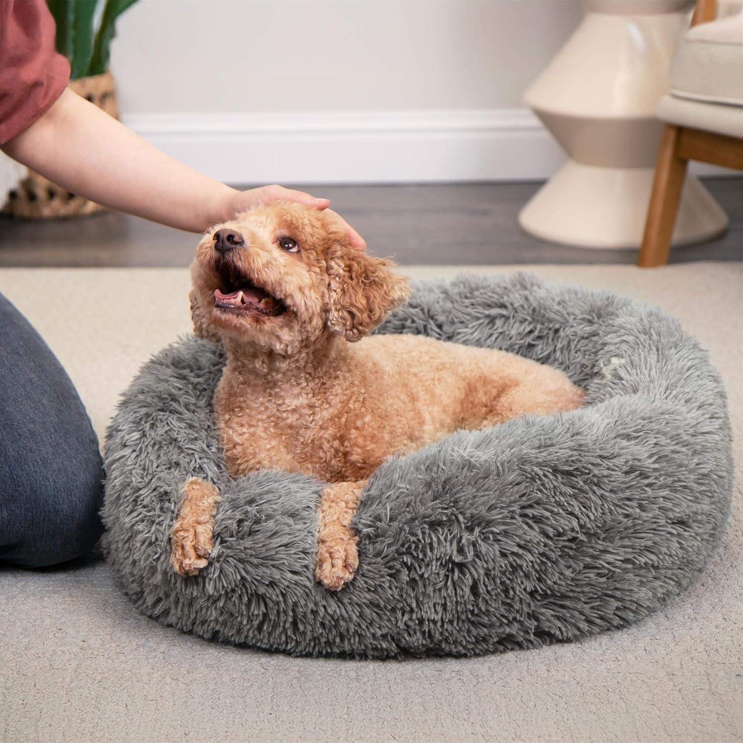 imageFurHaven 45quot Calming Donut Dog Bed for Large Dogs Round Plush Donut Design with Soft Filling for Snuggling Comfort Removable Washable Cover Jumbo XL Shaggy Faux Fur GrayGray
