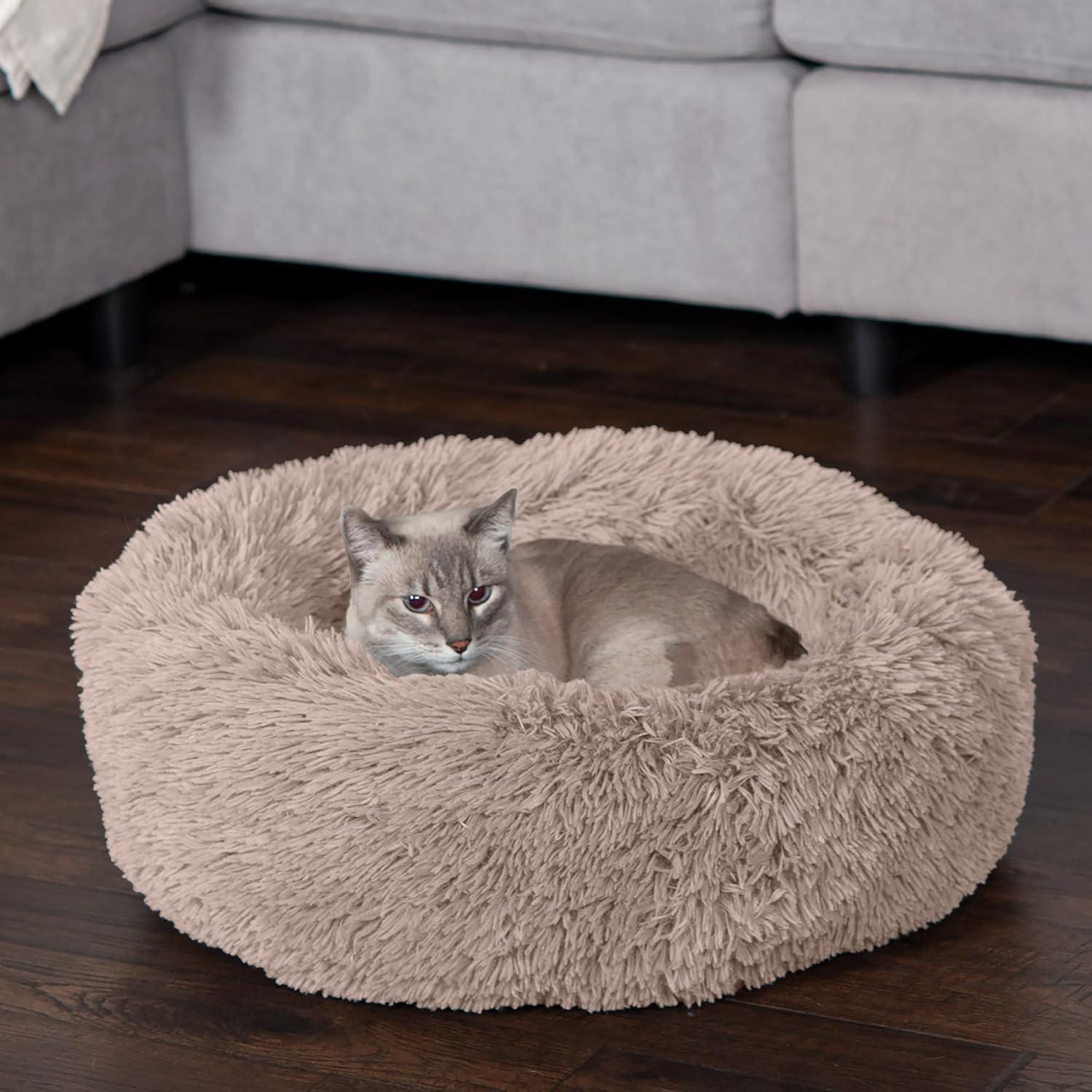 imageFurHaven 45quot Calming Donut Dog Bed for Large Dogs Round Plush Donut Design with Soft Filling for Snuggling Comfort Removable Washable Cover Jumbo XL Shaggy Faux Fur GrayTaupe