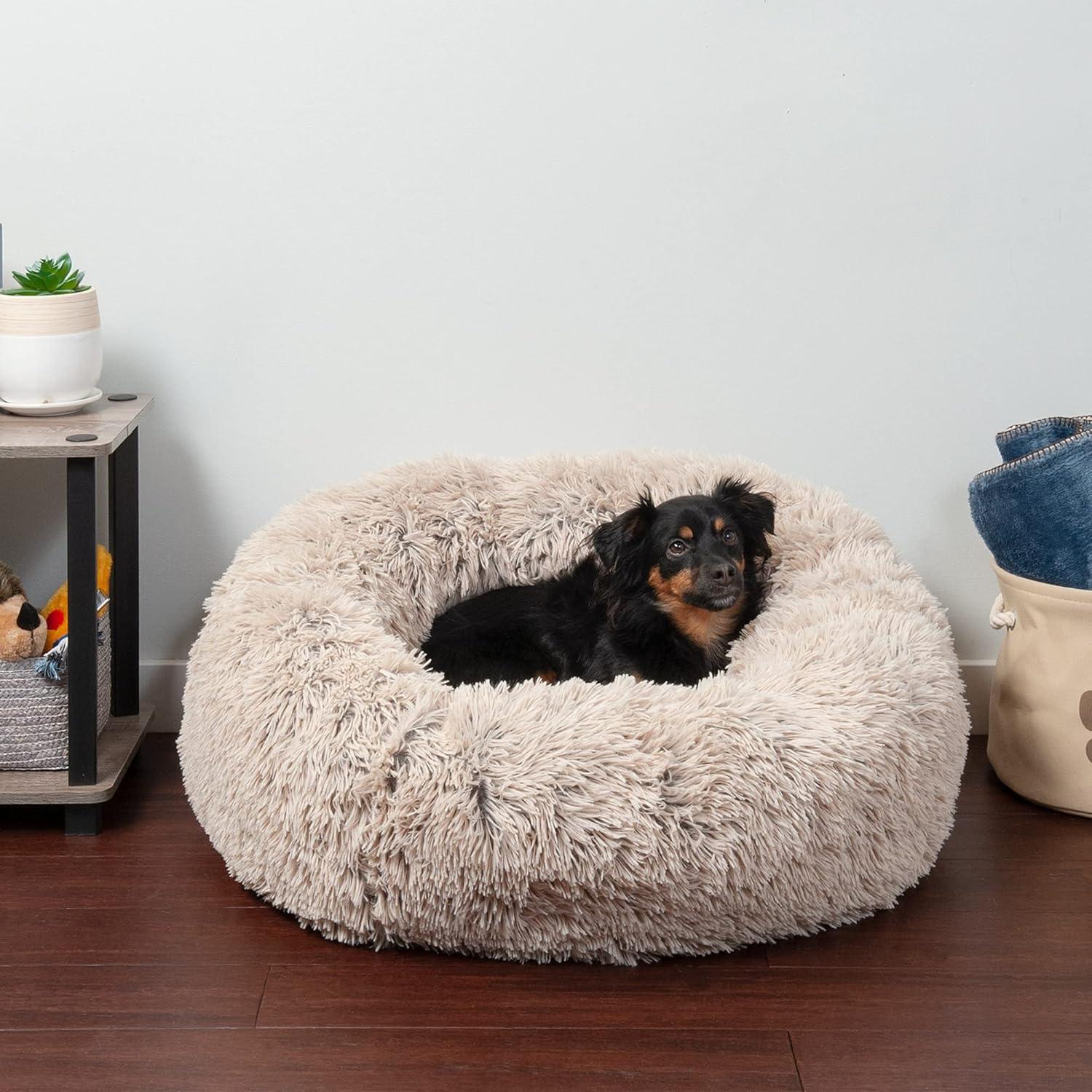 imageFurHaven 45quot Calming Donut Dog Bed for Large Dogs Round Plush Donut Design with Soft Filling for Snuggling Comfort Removable Washable Cover Jumbo XL Shaggy Faux Fur GrayTaupe