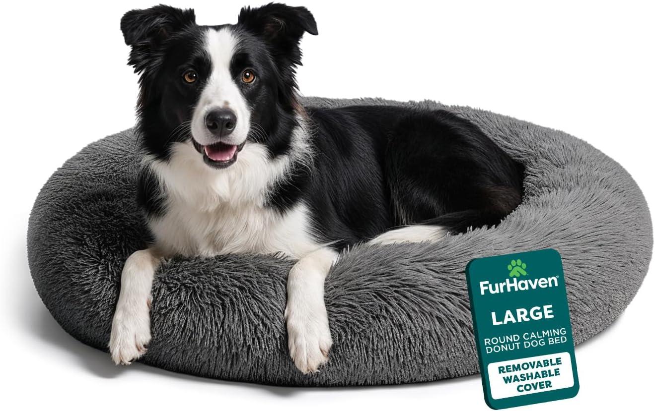 imageFurHaven 45quot Calming Donut Dog Bed for Large Dogs Round Plush Donut Design with Soft Filling for Snuggling Comfort Removable Washable Cover Jumbo XL Shaggy Faux Fur GrayGray