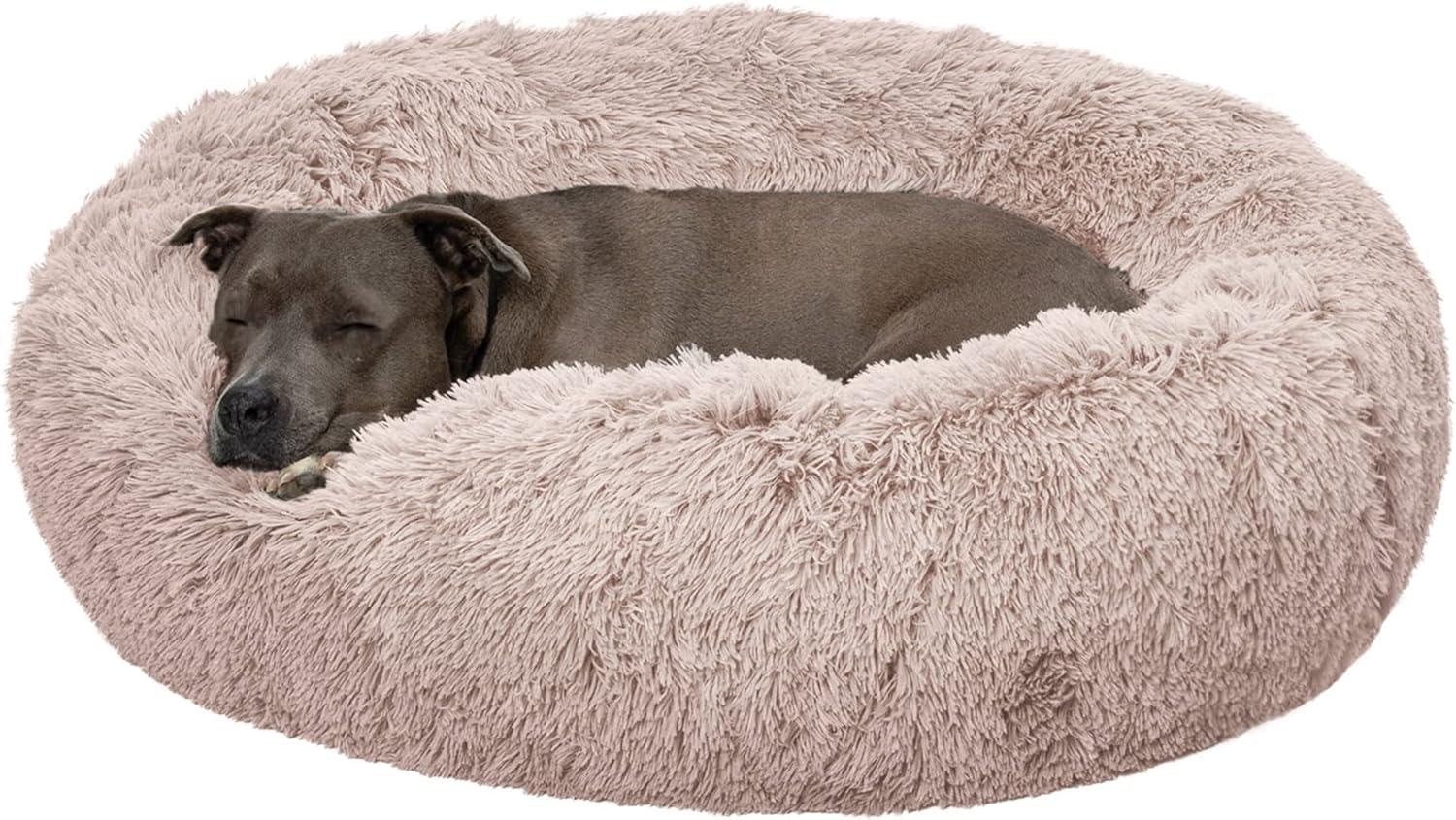 imageFurHaven 45quot Calming Donut Dog Bed for Large Dogs Round Plush Donut Design with Soft Filling for Snuggling Comfort Removable Washable Cover Jumbo XL Shaggy Faux Fur GrayTaupe