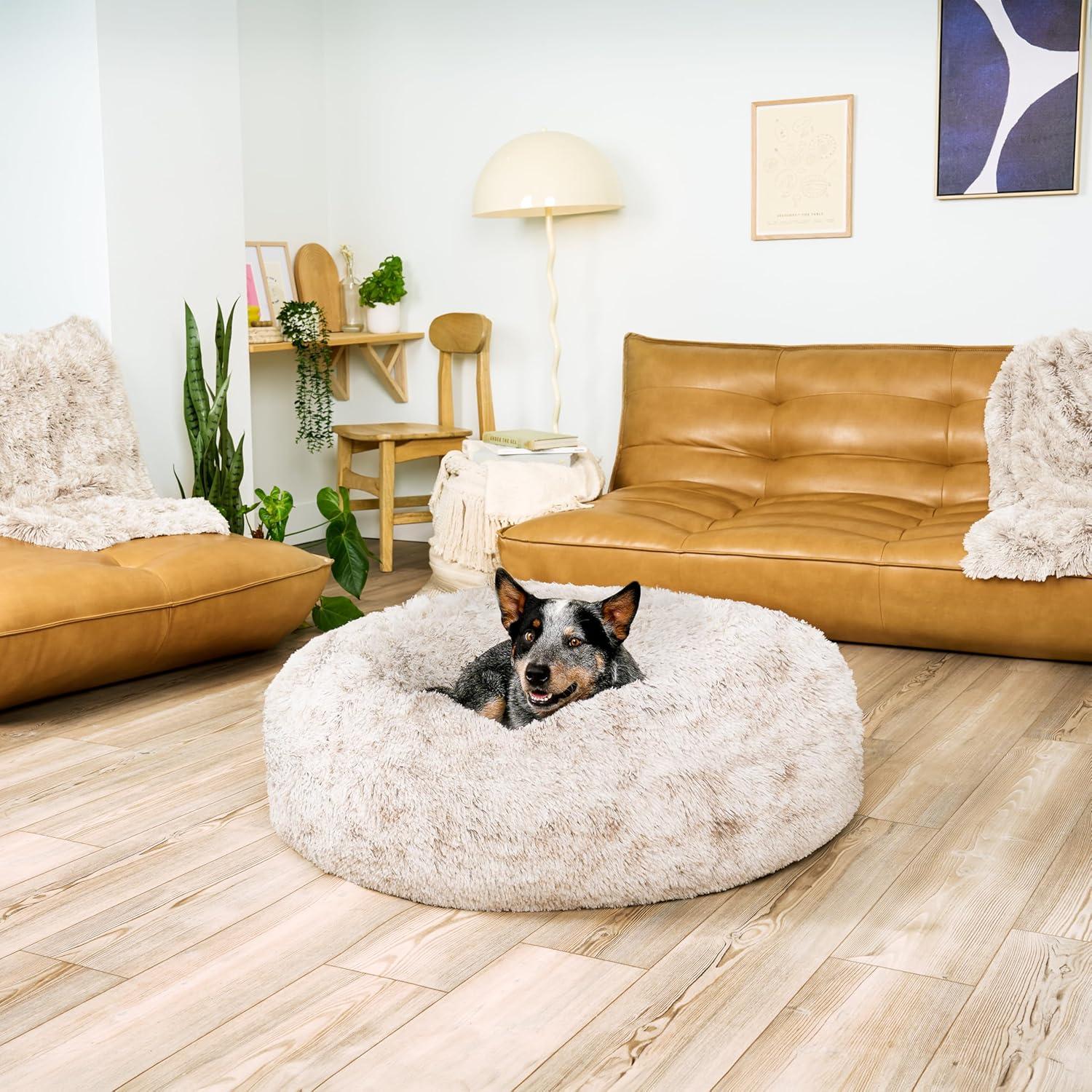 imageFurHaven 45quot Calming Donut Dog Bed for Large Dogs Round Plush Donut Design with Soft Filling for Snuggling Comfort Removable Washable Cover Jumbo XL Shaggy Faux Fur GrayDriftwood