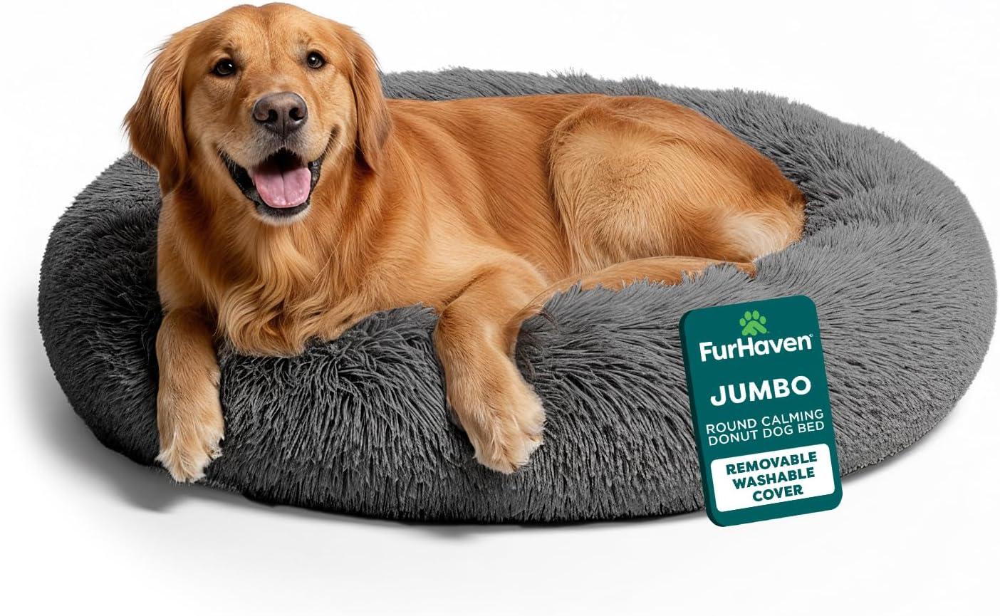 imageFurHaven 45quot Calming Donut Dog Bed for Large Dogs Round Plush Donut Design with Soft Filling for Snuggling Comfort Removable Washable Cover Jumbo XL Shaggy Faux Fur GrayGray
