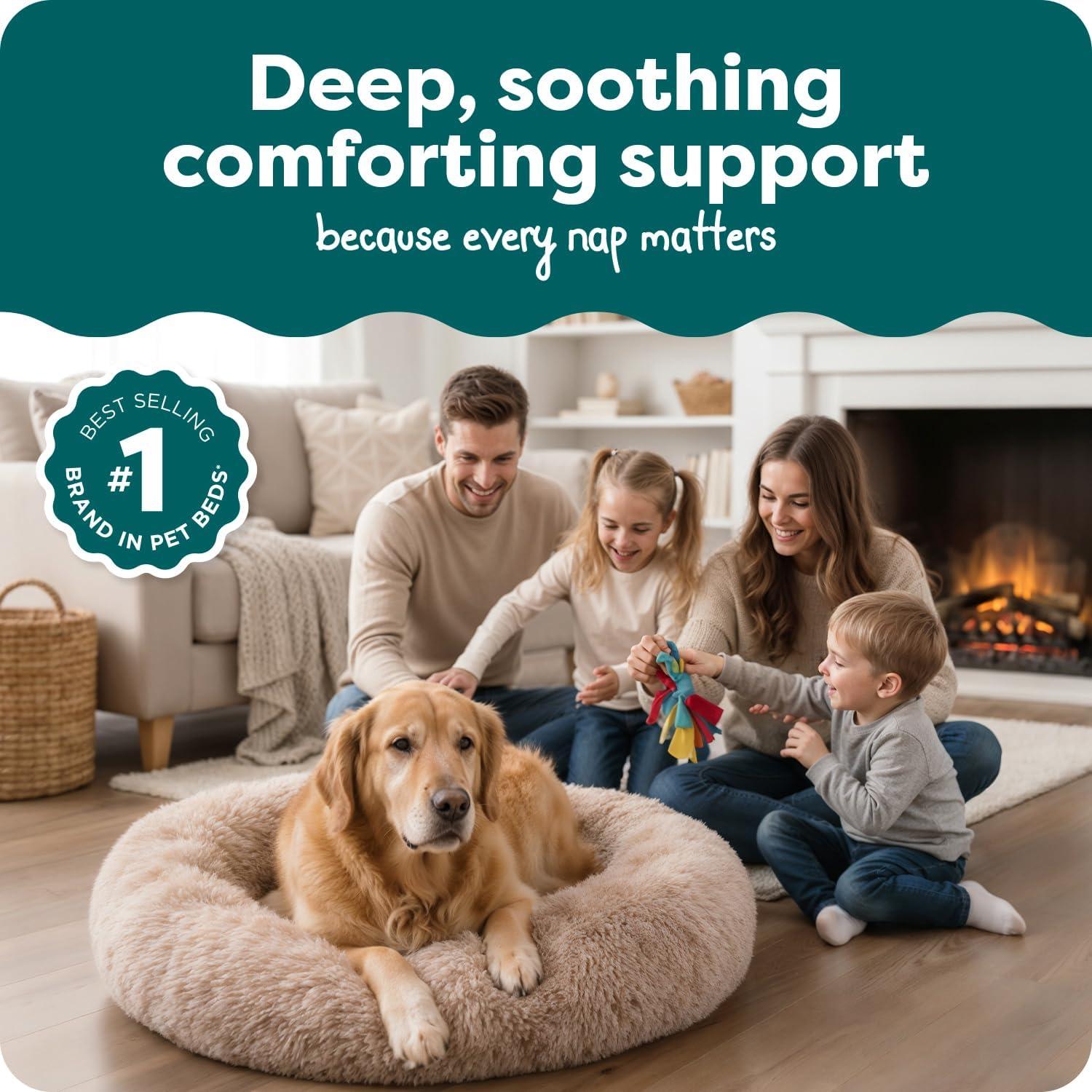 imageFurHaven 45quot Calming Donut Dog Bed for Large Dogs Round Plush Donut Design with Soft Filling for Snuggling Comfort Removable Washable Cover Jumbo XL Shaggy Faux Fur GrayTaupe