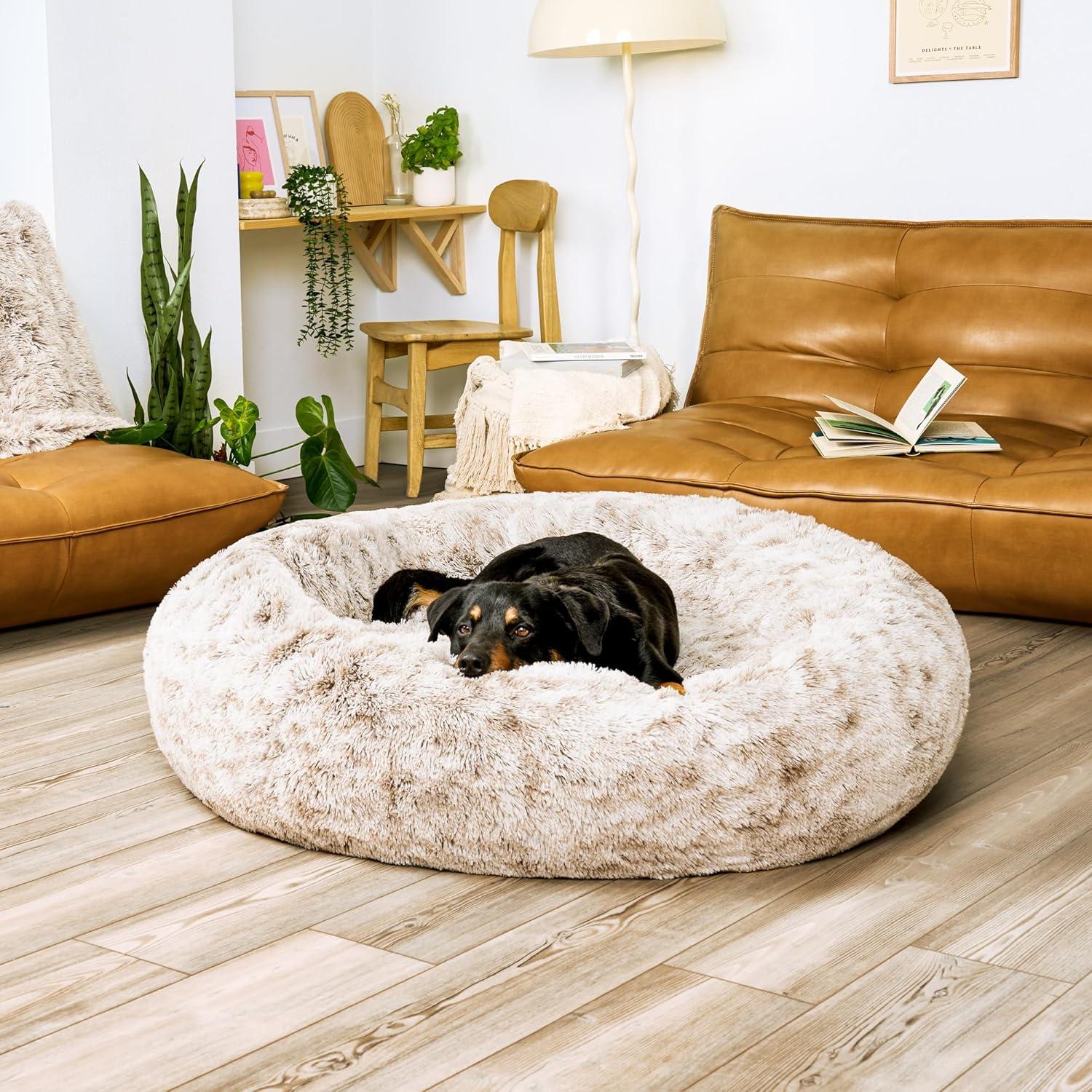 imageFurHaven 45quot Calming Donut Dog Bed for Large Dogs Round Plush Donut Design with Soft Filling for Snuggling Comfort Removable Washable Cover Jumbo XL Shaggy Faux Fur GrayDriftwood