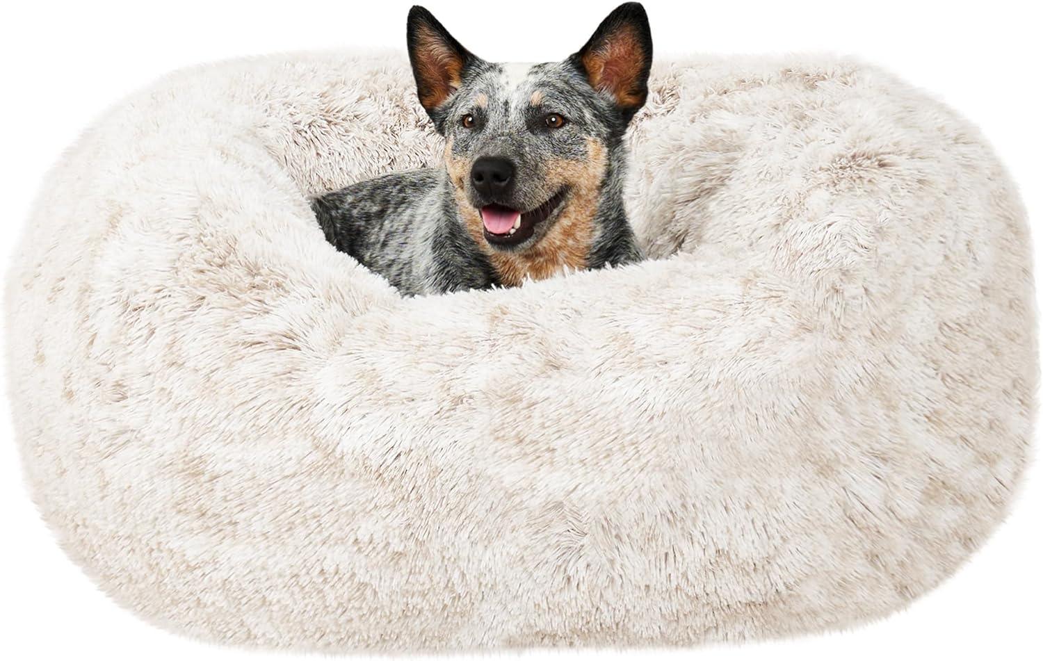 imageFurHaven 45quot Calming Donut Dog Bed for Large Dogs Round Plush Donut Design with Soft Filling for Snuggling Comfort Removable Washable Cover Jumbo XL Shaggy Faux Fur GrayDriftwood