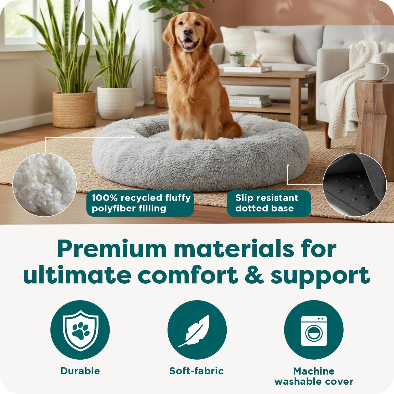 imageFurHaven 45quot Calming Donut Dog Bed for Large Dogs Round Plush Donut Design with Soft Filling for Snuggling Comfort Removable Washable Cover Jumbo XL Shaggy Faux Fur GrayMist Gray