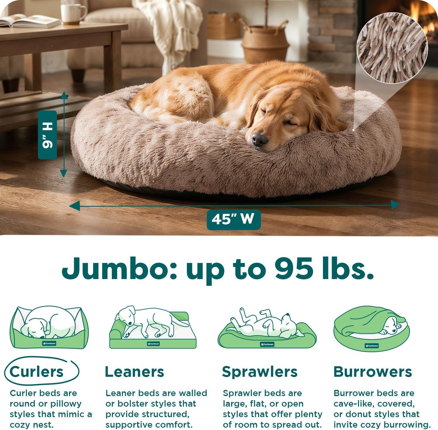 imageFurHaven 45quot Calming Donut Dog Bed for Large Dogs Round Plush Donut Design with Soft Filling for Snuggling Comfort Removable Washable Cover Jumbo XL Shaggy Faux Fur GrayTaupe