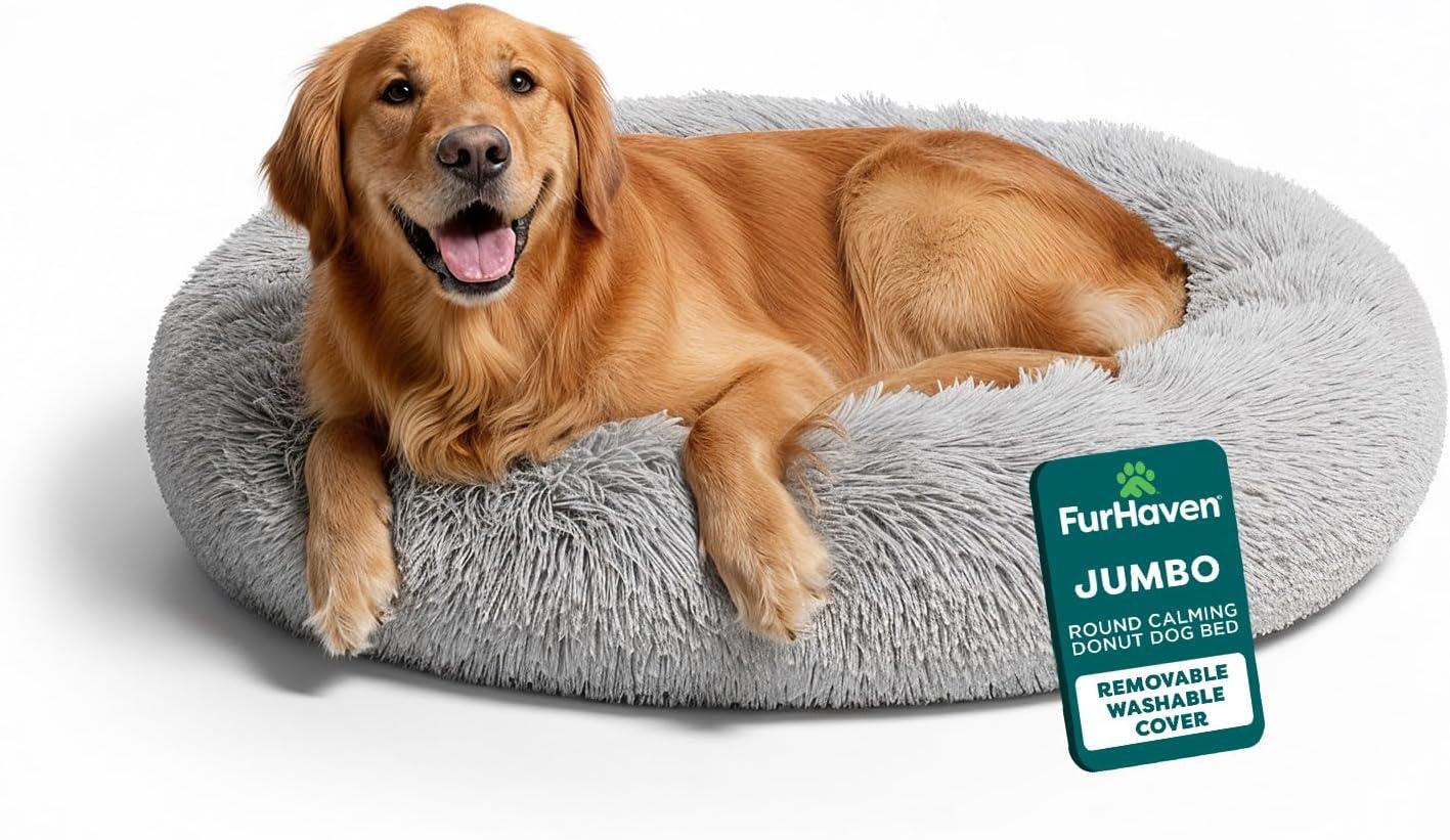 imageFurHaven 45quot Calming Donut Dog Bed for Large Dogs Round Plush Donut Design with Soft Filling for Snuggling Comfort Removable Washable Cover Jumbo XL Shaggy Faux Fur GrayMist Gray