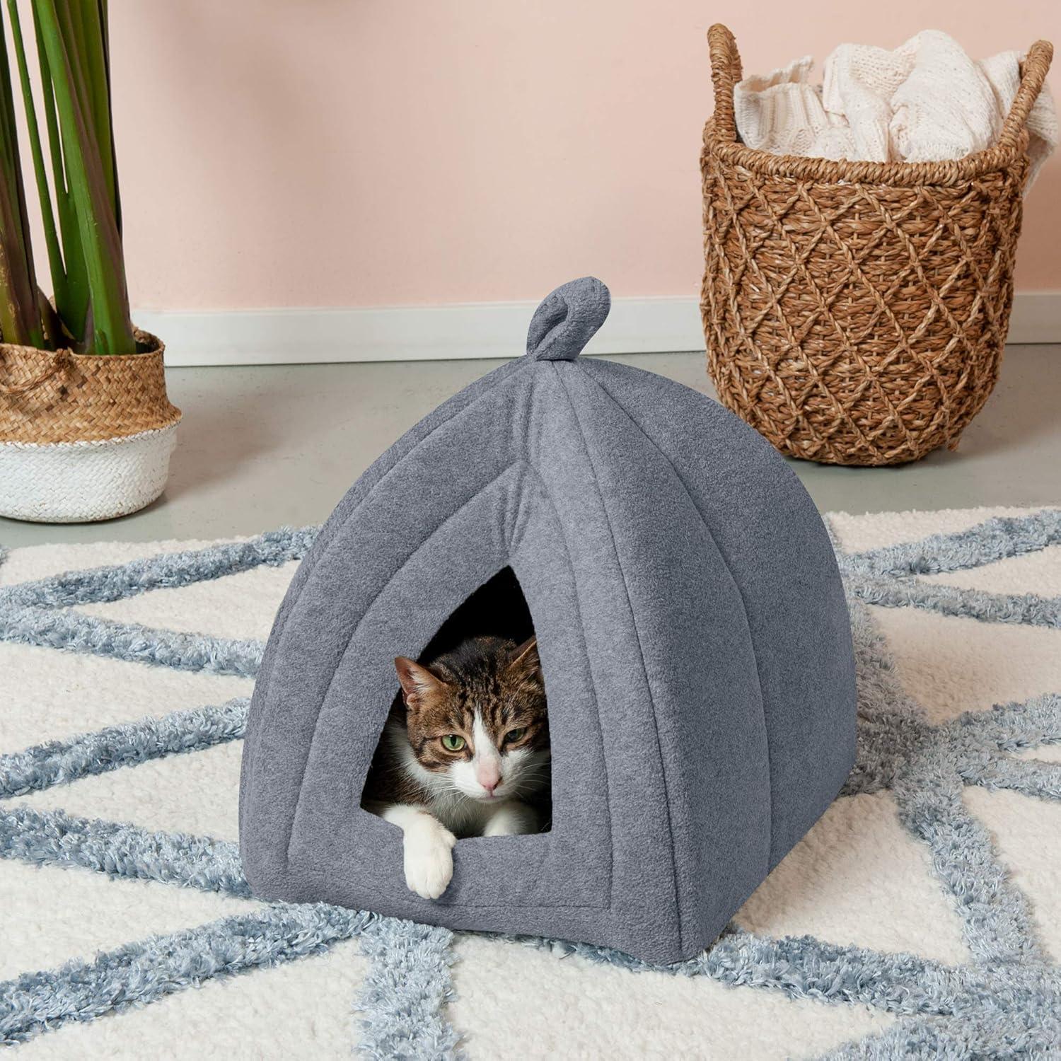 imageFurHaven Cat Bed Cave for Indoor Cats ampamp Small Dogs Washable ampamp Foldable Pet Tent with Removable Cushion Small Polar Fleece Heather Gray