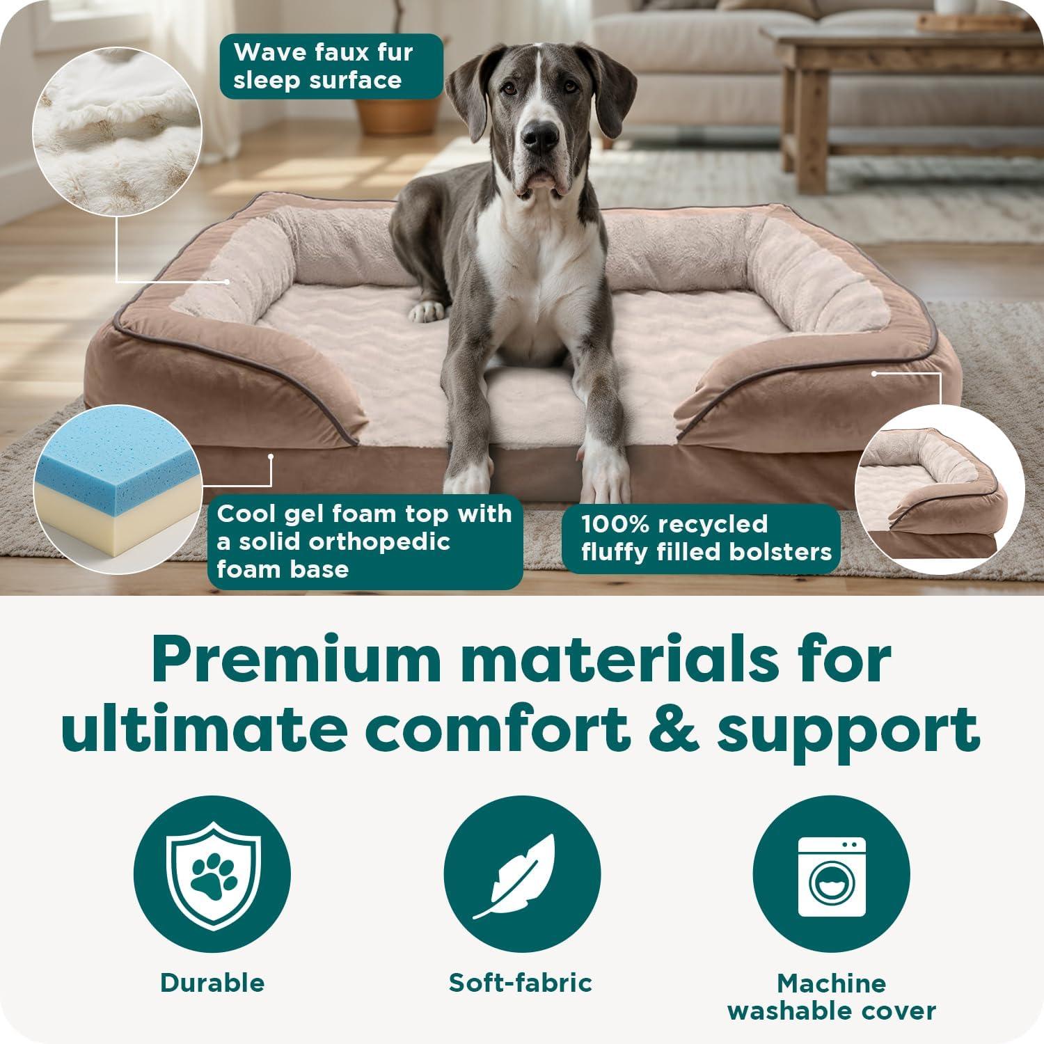imageFurHaven Cooling Gel Dog Bed for Large Dogs Perfect Comfort Sofa Bed Cool GelTop Foam ampamp Solid Orthopedic Foam Base for Joint Support Removable Washable Cover Jumbo XL Plush ampamp Velvet BrownstoneBrownstone
