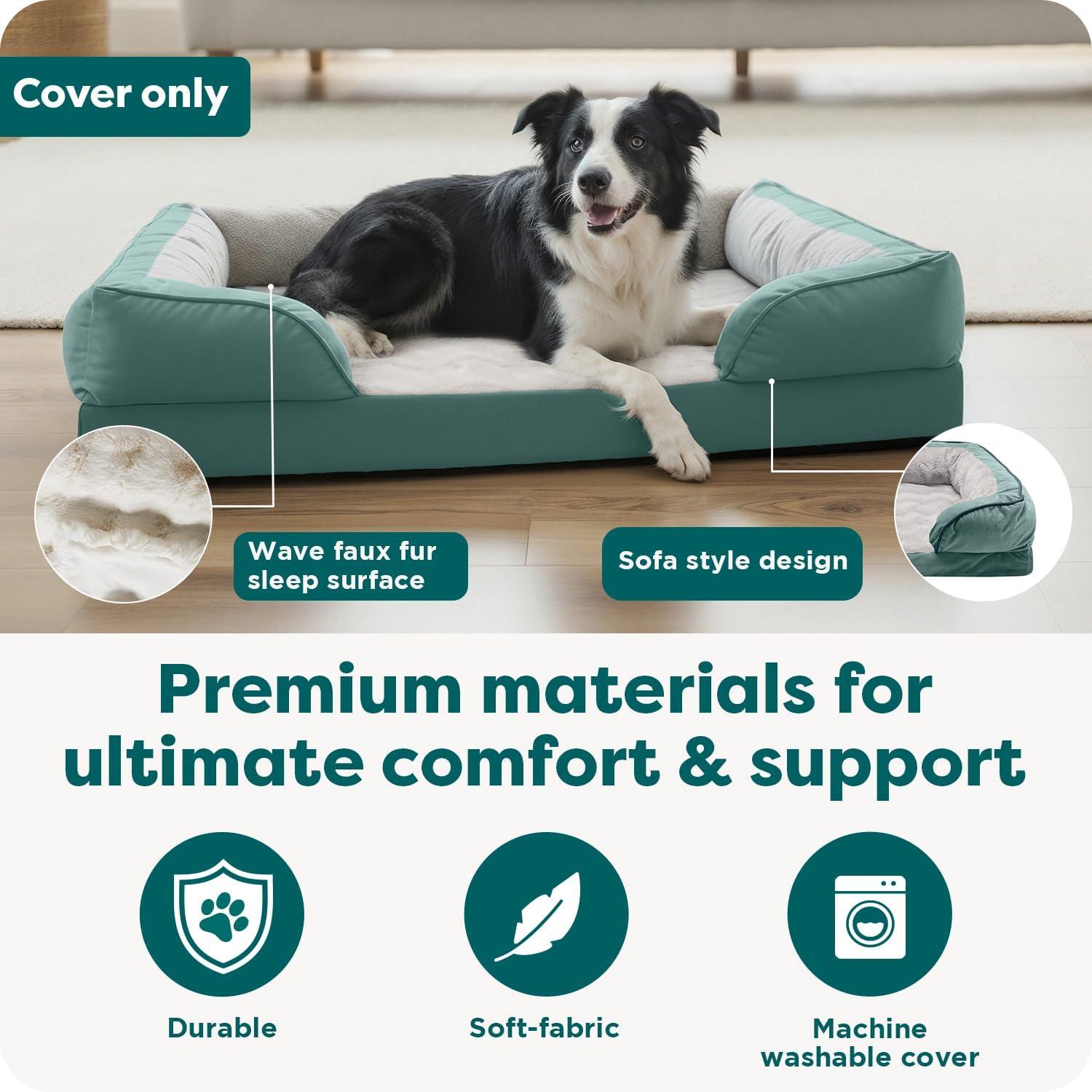 imageFurHaven Dog Bed Cover Replacement SofaStyle Design with Soft Breathable Fabric for Cozy Comfort Machine Washable Medium Plush ampamp Velvet Waves BrownstoneCeladon Green