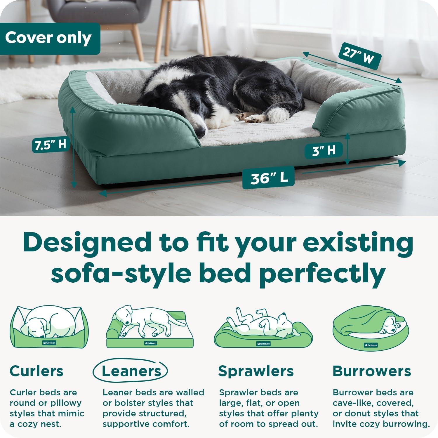 imageFurHaven Dog Bed Cover Replacement SofaStyle Design with Soft Breathable Fabric for Cozy Comfort Machine Washable Medium Plush ampamp Velvet Waves BrownstoneCeladon Green