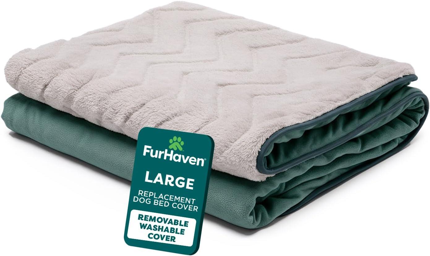 imageFurHaven Dog Bed Cover Replacement SofaStyle Design with Soft Breathable Fabric for Cozy Comfort Machine Washable Medium Plush ampamp Velvet Waves BrownstoneCeladon Green