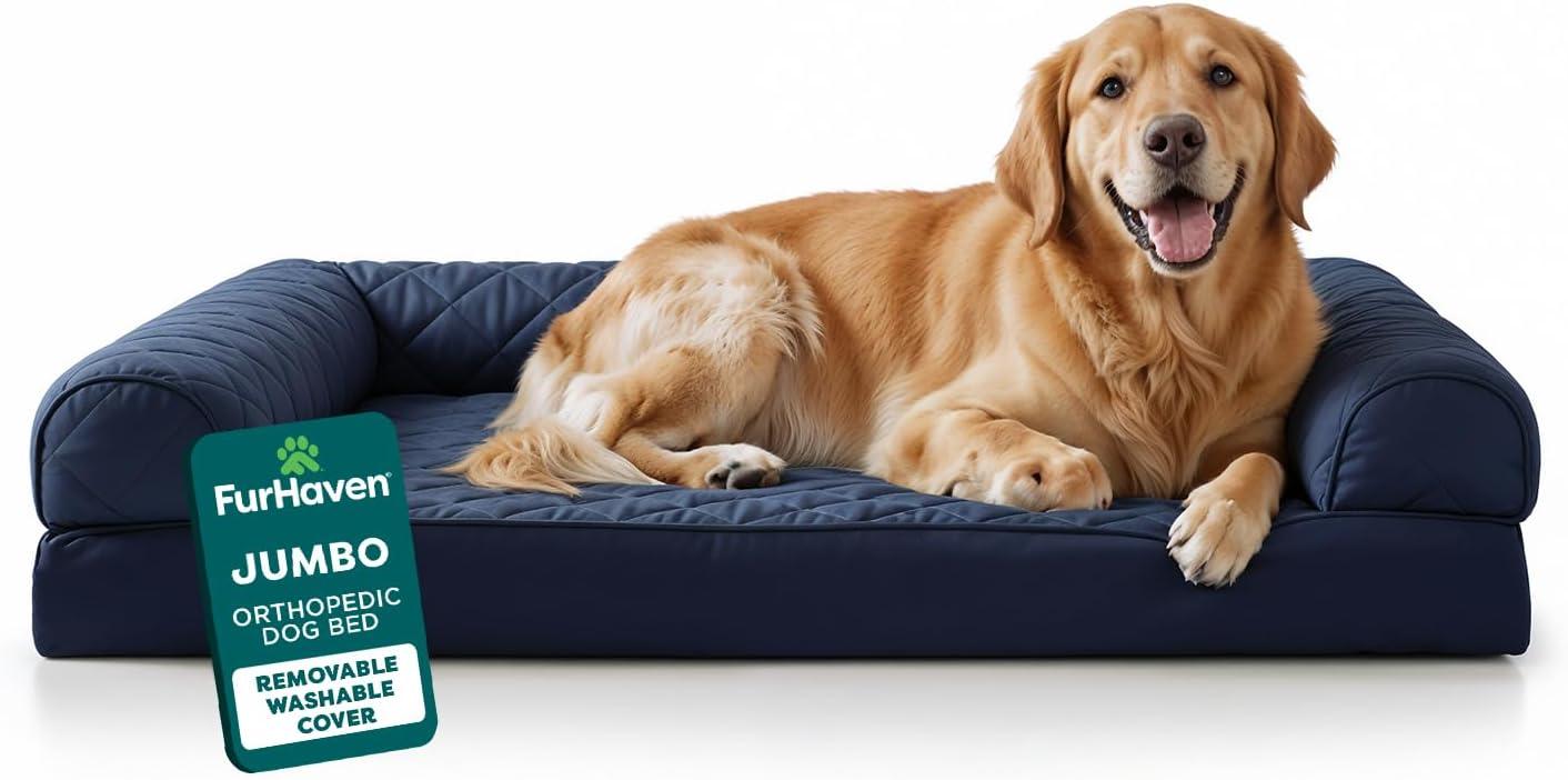 imageFurHaven Dreamer Sofa Orthopedic Dog Bed for Large Dogs with Orthopedic Egg Crate Memory Foam for Joint Support Removable Washable Cover Jumbo XL Quilted Sofa Iron GrayNavy Blue