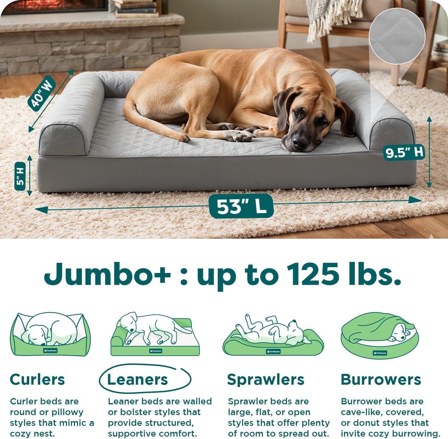 imageFurHaven Dreamer Sofa Orthopedic Dog Bed for Large Dogs with Orthopedic Egg Crate Memory Foam for Joint Support Removable Washable Cover Jumbo XL Quilted Sofa Iron GraySilver Gray