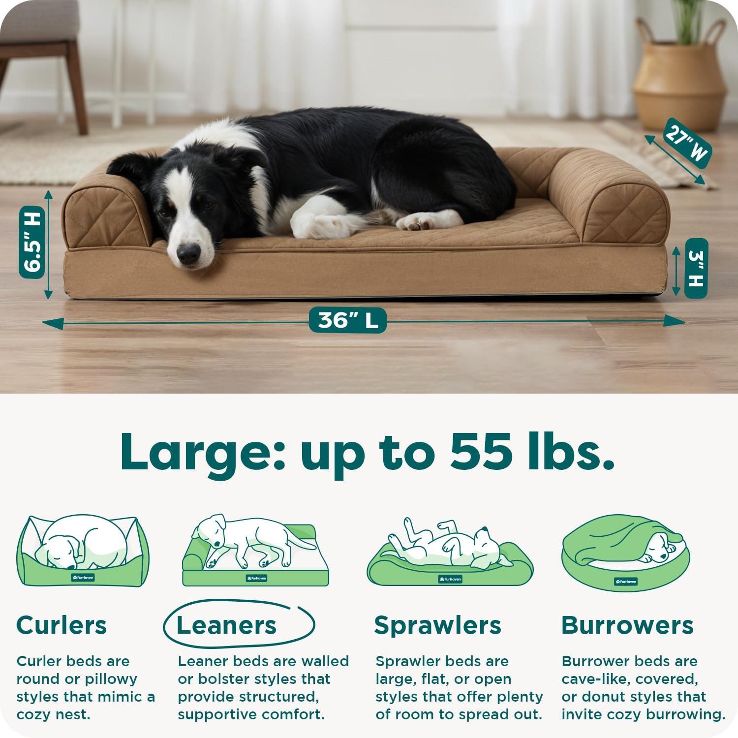 imageFurHaven Dreamer Sofa Orthopedic Dog Bed for Large Dogs with Orthopedic Egg Crate Memory Foam for Joint Support Removable Washable Cover Jumbo XL Quilted Sofa Iron GrayToasted Brown