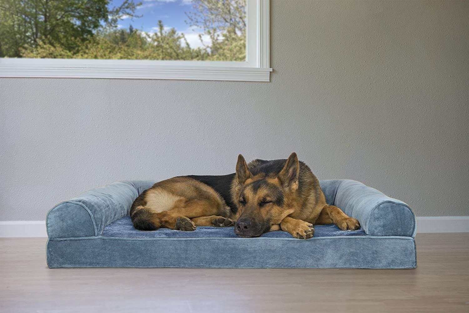 imageFurHaven Dreamer Sofa Orthopedic Dog Bed for Large Dogs with Orthopedic Egg Crate Memory Foam for Joint Support Removable Washable Cover Jumbo XL Quilted Sofa Iron GrayHarbor Blue