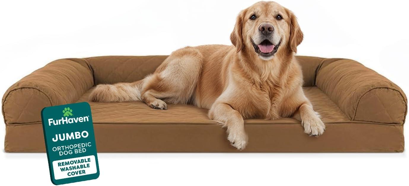 imageFurHaven Dreamer Sofa Orthopedic Dog Bed for Large Dogs with Orthopedic Egg Crate Memory Foam for Joint Support Removable Washable Cover Jumbo XL Quilted Sofa Iron GrayToasted Brown