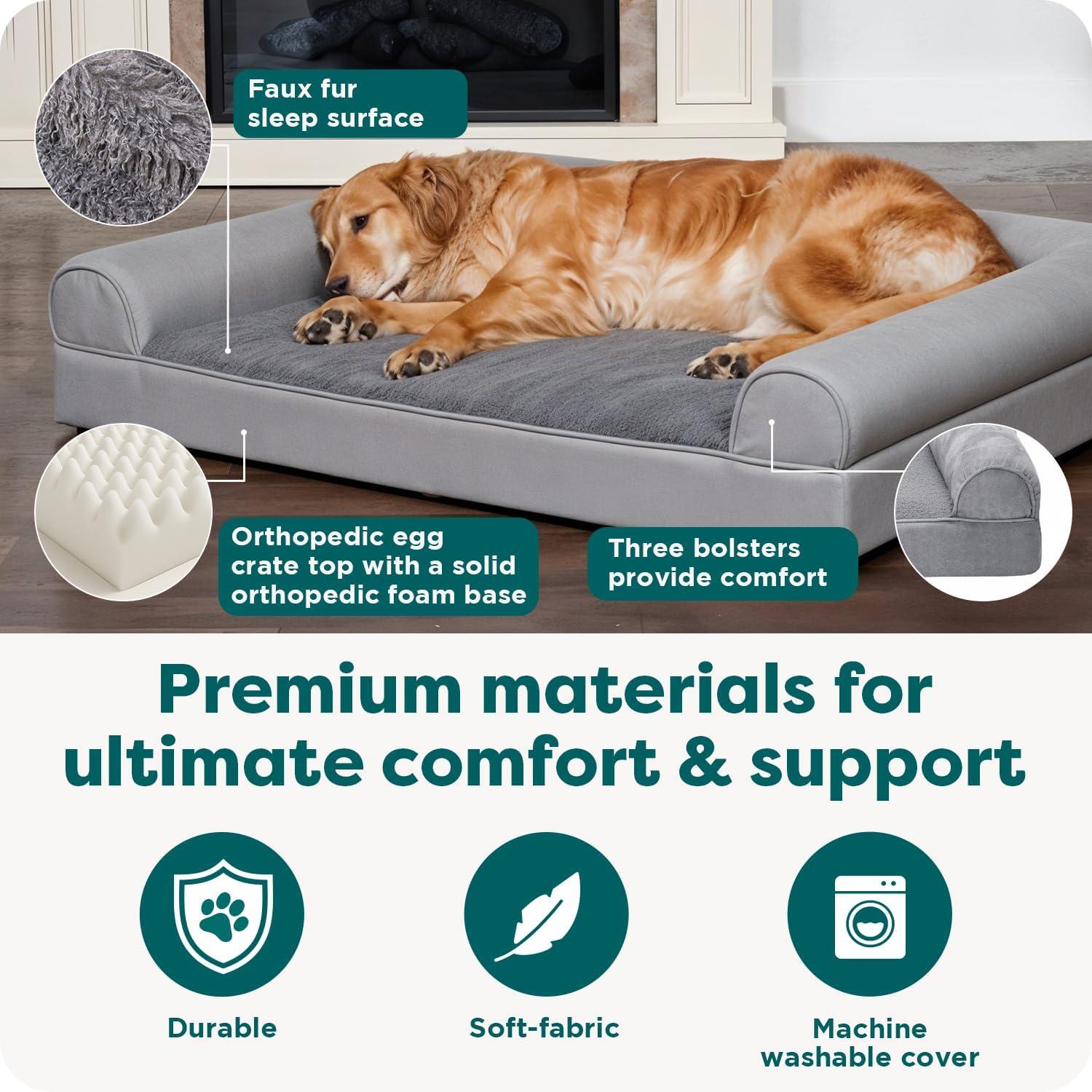 imageFurHaven Dreamer Sofa Orthopedic Dog Bed for Large Dogs with Orthopedic Egg Crate Memory Foam for Joint Support Removable Washable Cover Jumbo XL Quilted Sofa Iron GrayDark Sage