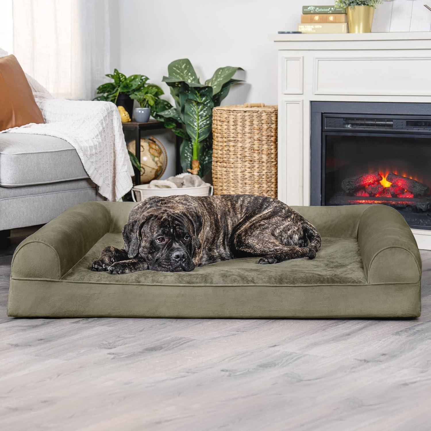 imageFurHaven Dreamer Sofa Orthopedic Dog Bed for Large Dogs with Orthopedic Egg Crate Memory Foam for Joint Support Removable Washable Cover Jumbo XL Quilted Sofa Iron GrayDark Sage