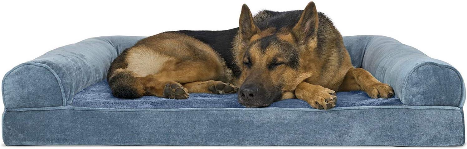 imageFurHaven Dreamer Sofa Orthopedic Dog Bed for Large Dogs with Orthopedic Egg Crate Memory Foam for Joint Support Removable Washable Cover Jumbo XL Quilted Sofa Iron GrayHarbor Blue