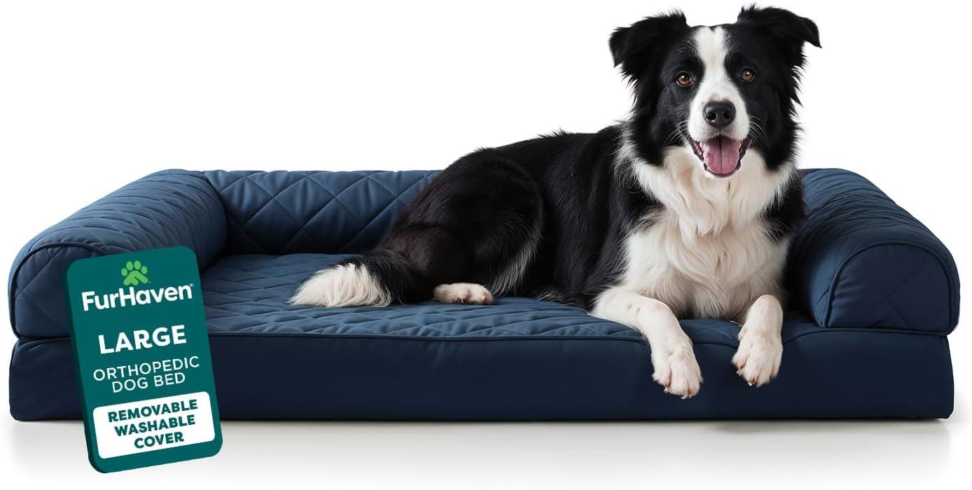 imageFurHaven Dreamer Sofa Orthopedic Dog Bed for Large Dogs with Orthopedic Egg Crate Memory Foam for Joint Support Removable Washable Cover Jumbo XL Quilted Sofa Iron GrayNavy Blue