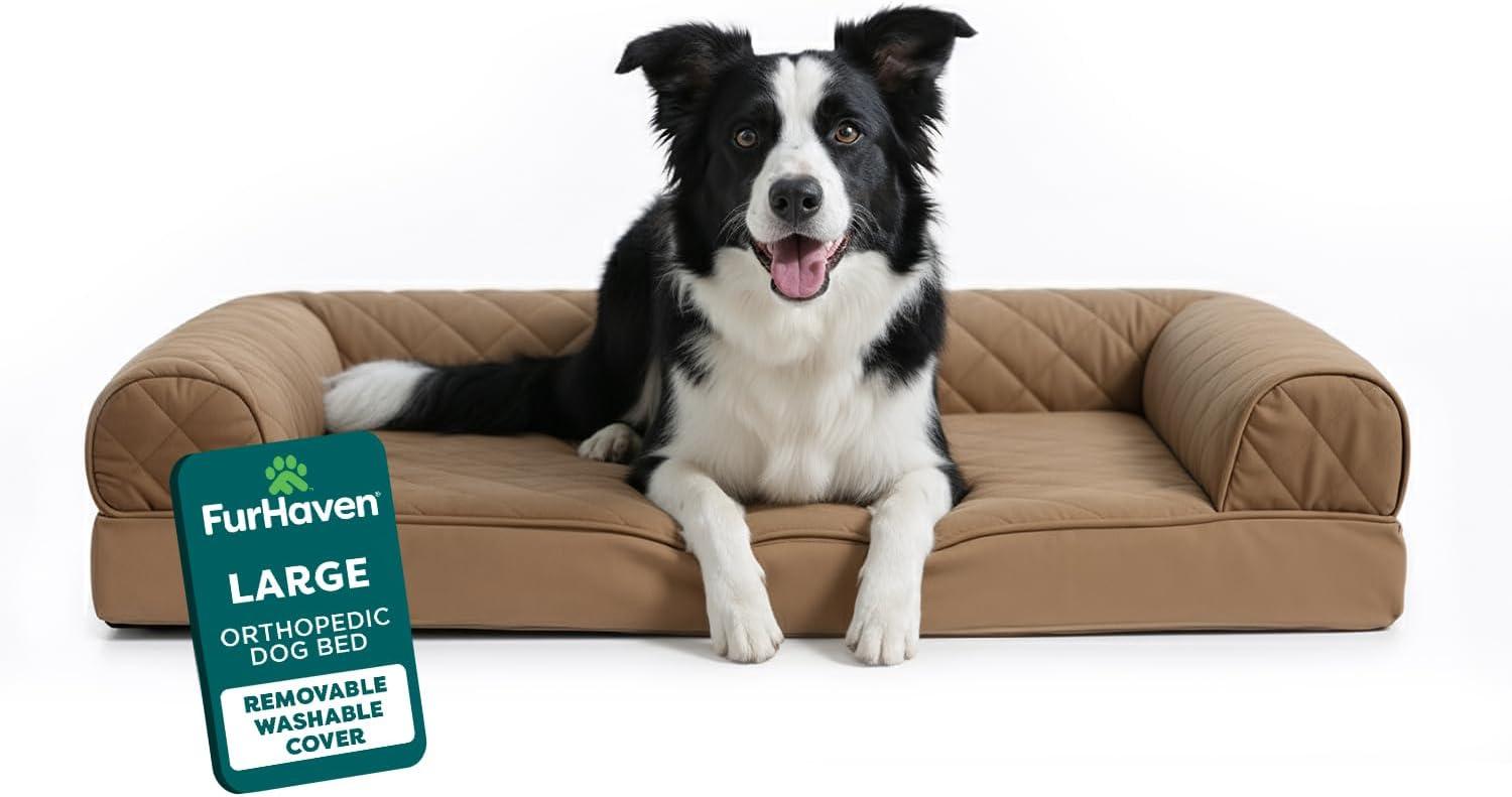 imageFurHaven Dreamer Sofa Orthopedic Dog Bed for Large Dogs with Orthopedic Egg Crate Memory Foam for Joint Support Removable Washable Cover Jumbo XL Quilted Sofa Iron GrayToasted Brown