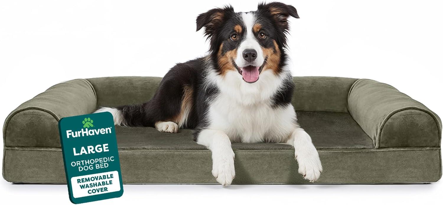 imageFurHaven Dreamer Sofa Orthopedic Dog Bed for Large Dogs with Orthopedic Egg Crate Memory Foam for Joint Support Removable Washable Cover Jumbo XL Quilted Sofa Iron GrayDark Sage
