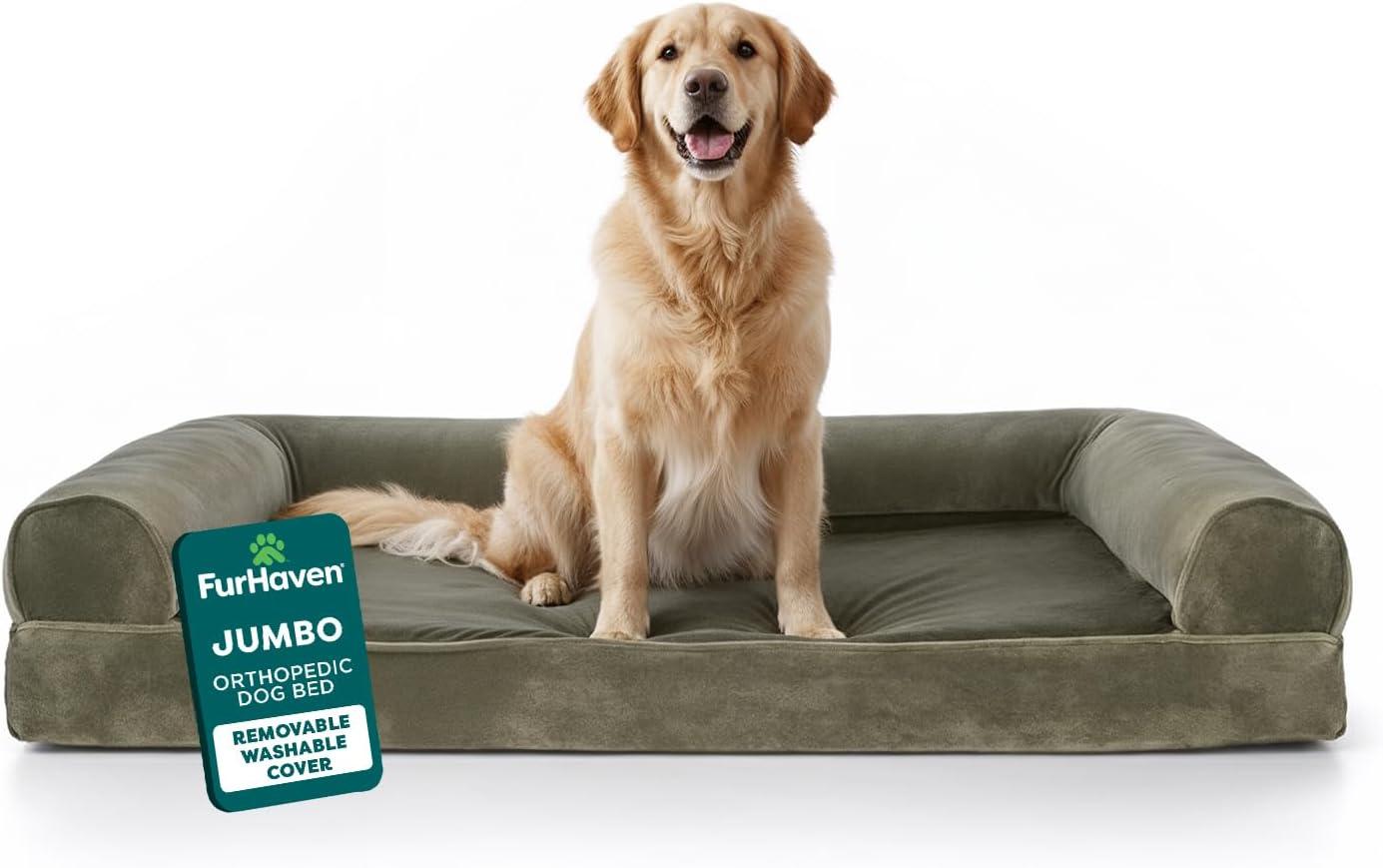 imageFurHaven Dreamer Sofa Orthopedic Dog Bed for Large Dogs with Orthopedic Egg Crate Memory Foam for Joint Support Removable Washable Cover Jumbo XL Quilted Sofa Iron GrayDark Sage