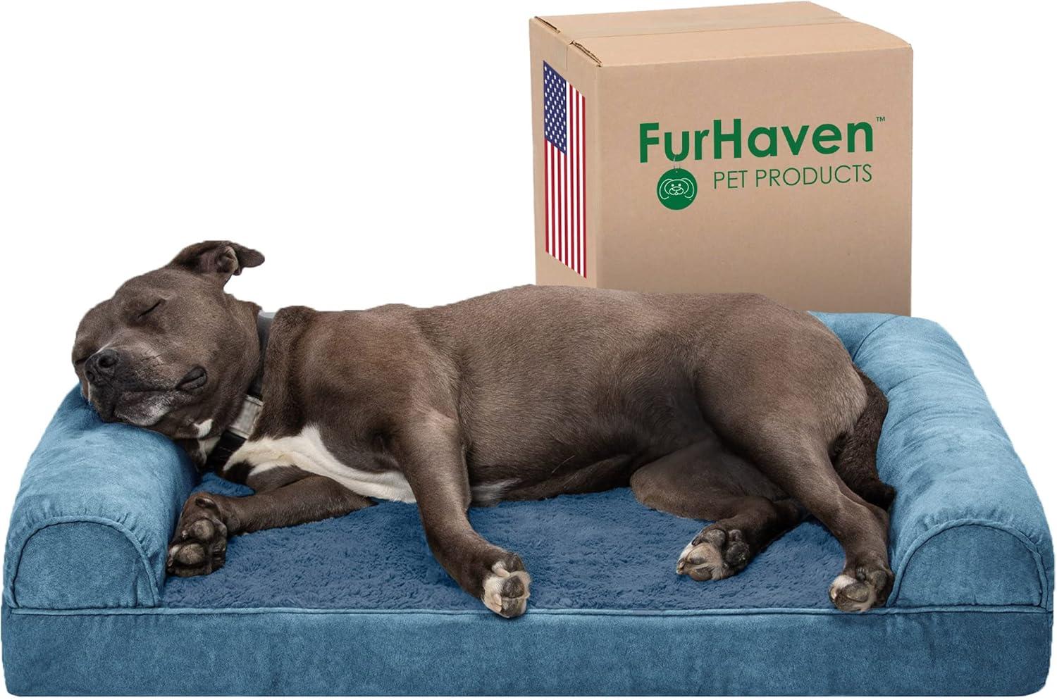 imageFurHaven Dreamer Sofa Orthopedic Dog Bed for Large Dogs with Orthopedic Egg Crate Memory Foam for Joint Support Removable Washable Cover Jumbo XL Quilted Sofa Iron GrayHarbor Blue