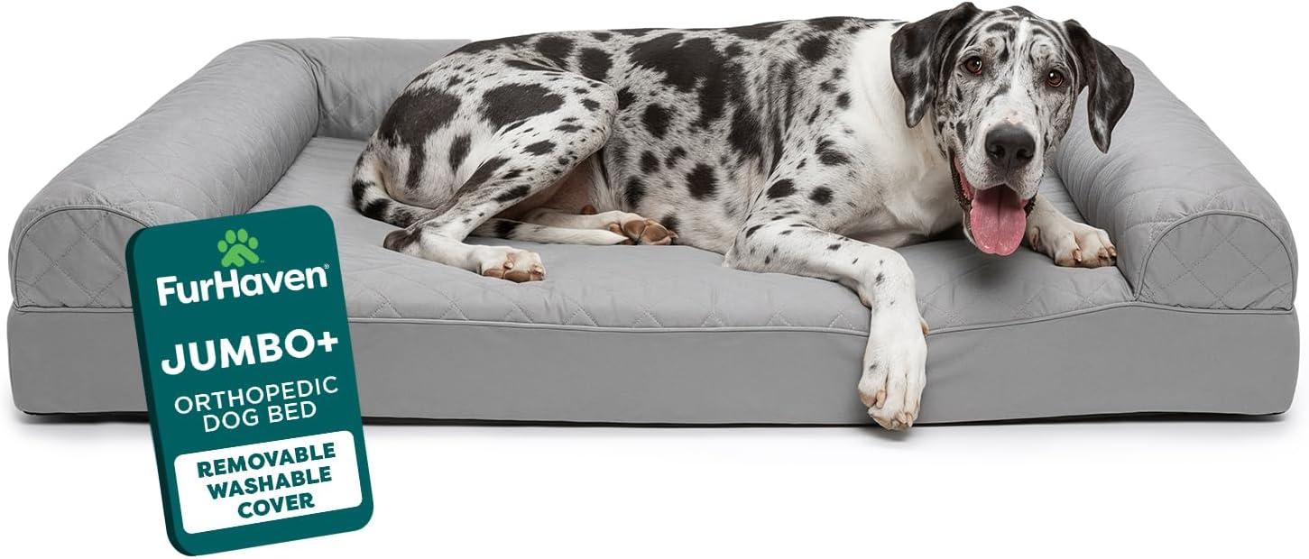 imageFurHaven Dreamer Sofa Orthopedic Dog Bed for Large Dogs with Orthopedic Egg Crate Memory Foam for Joint Support Removable Washable Cover Jumbo XL Quilted Sofa Iron GraySilver Gray
