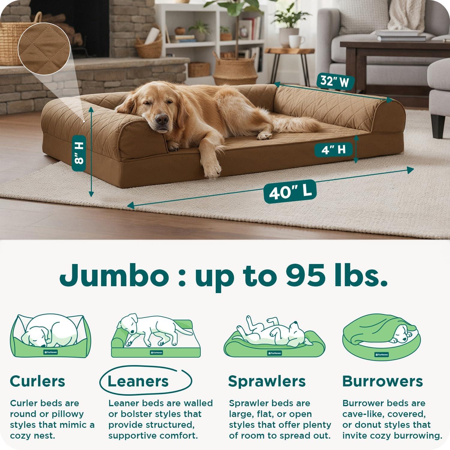 imageFurHaven Dreamer Sofa Orthopedic Dog Bed for Large Dogs with Orthopedic Egg Crate Memory Foam for Joint Support Removable Washable Cover Jumbo XL Quilted Sofa Iron GrayToasted Brown