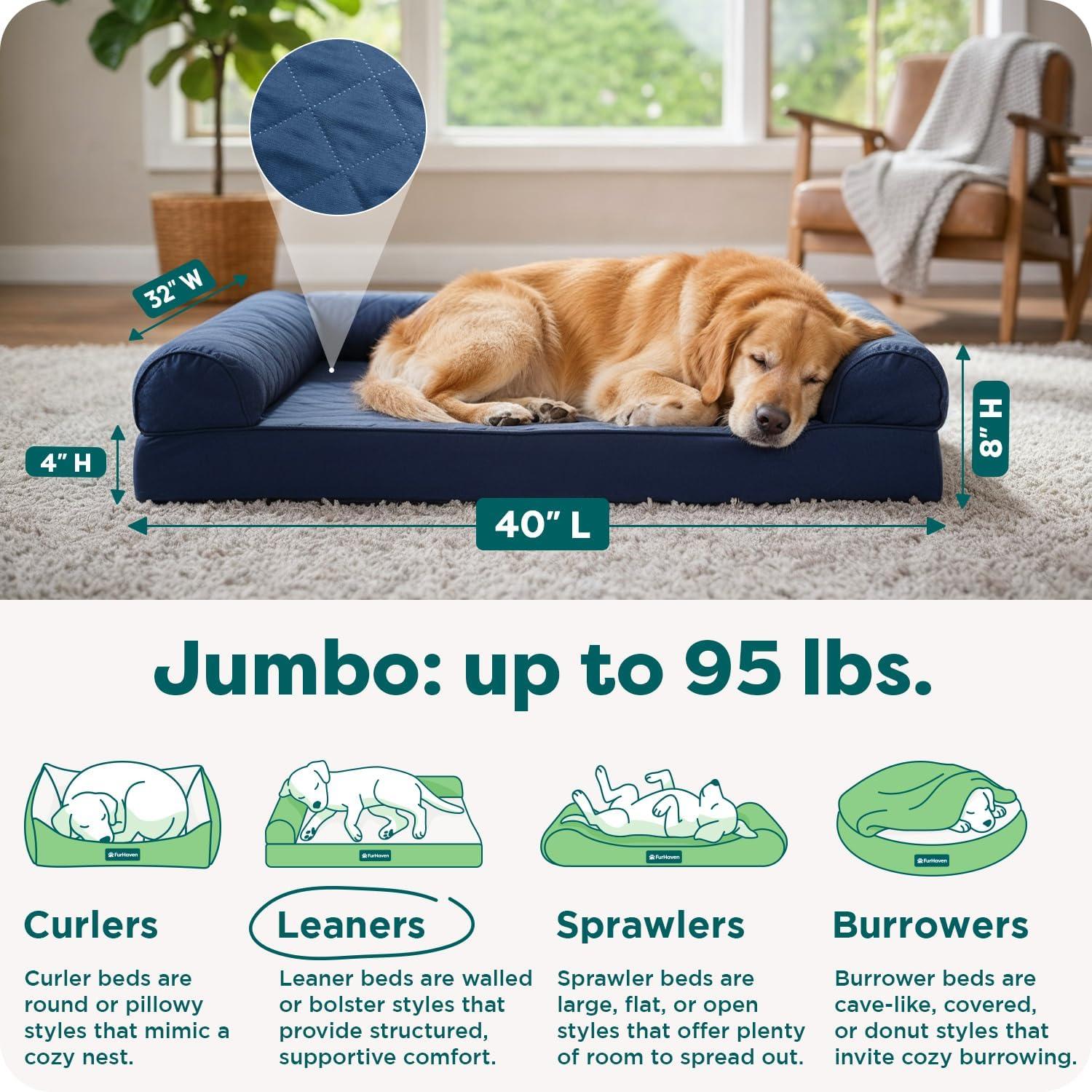 imageFurHaven Dreamer Sofa Orthopedic Dog Bed for Large Dogs with Orthopedic Egg Crate Memory Foam for Joint Support Removable Washable Cover Jumbo XL Quilted Sofa Iron GrayNavy Blue