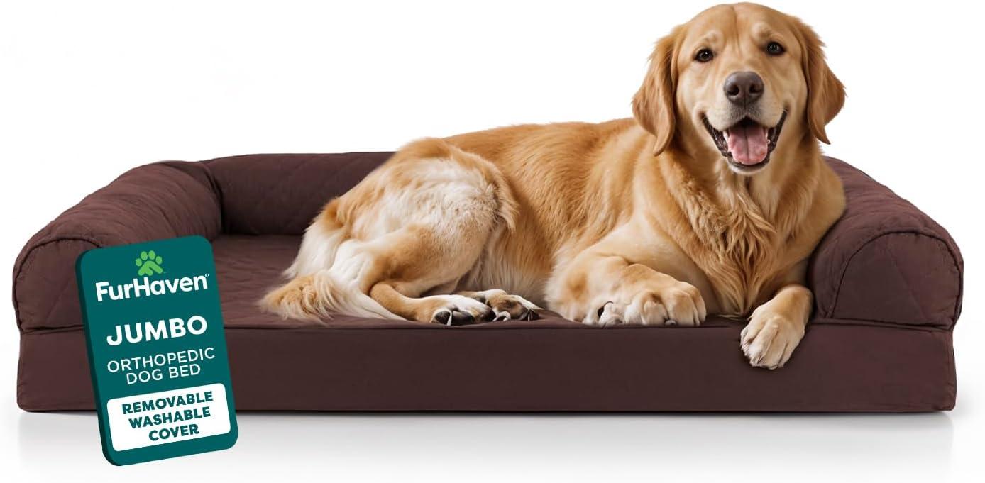 imageFurHaven Dreamer Sofa Orthopedic Dog Bed for Large Dogs with Orthopedic Egg Crate Memory Foam for Joint Support Removable Washable Cover Jumbo XL Quilted Sofa Iron GrayCoffee