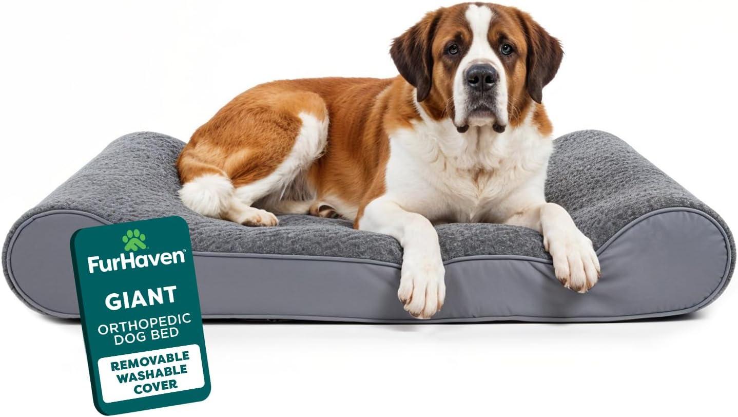 imageFurHaven Orthopedic Dog Bed for Large Dogs Luxe Lounger Contour Mattress with Solid Orthopedic Foam Slab for Joint Support Removable Washable Cover Jumbo XL Plush Suede CreamGray