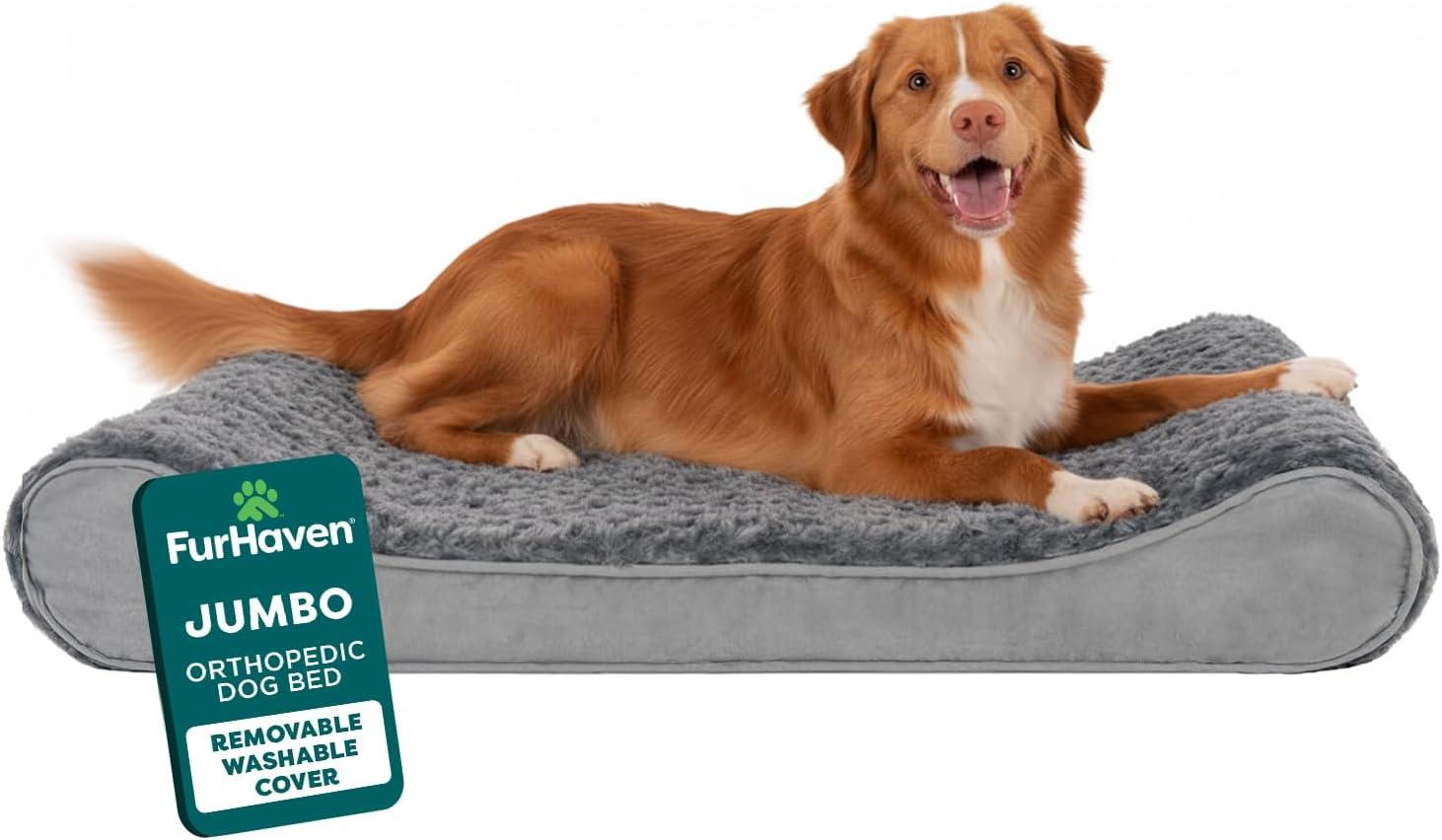 imageFurHaven Orthopedic Dog Bed for Large Dogs Luxe Lounger Contour Mattress with Solid Orthopedic Foam Slab for Joint Support Removable Washable Cover Jumbo XL Plush Suede CreamGray